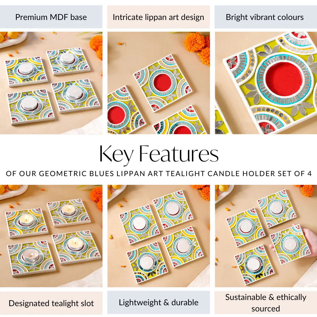 Vibrant Tealight Candle Holder With Mirror Work Lippan Art Set Of 4 - Image 5