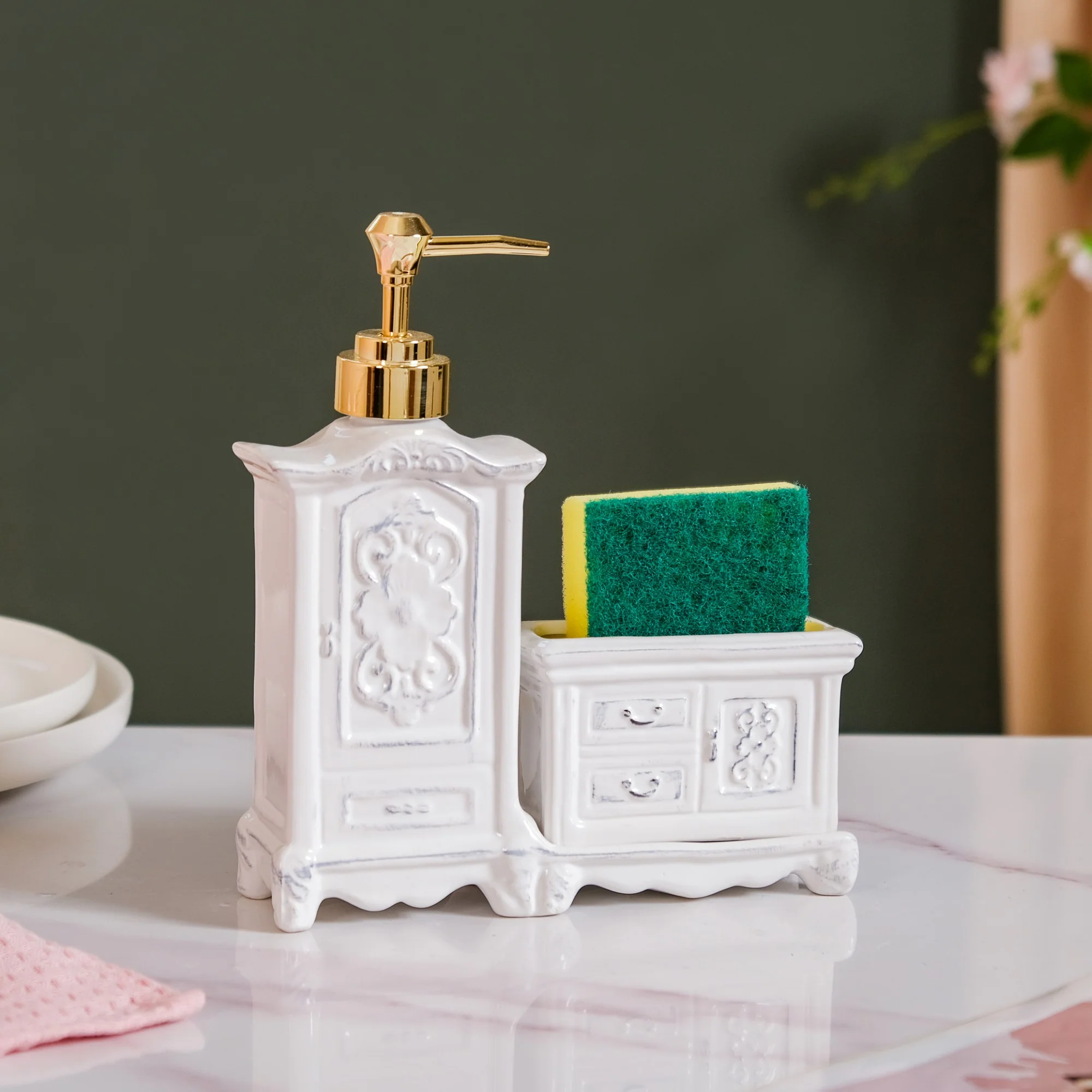 Vintage Cabinet Shaped Ceramic Soap Dispenser White - Image 2