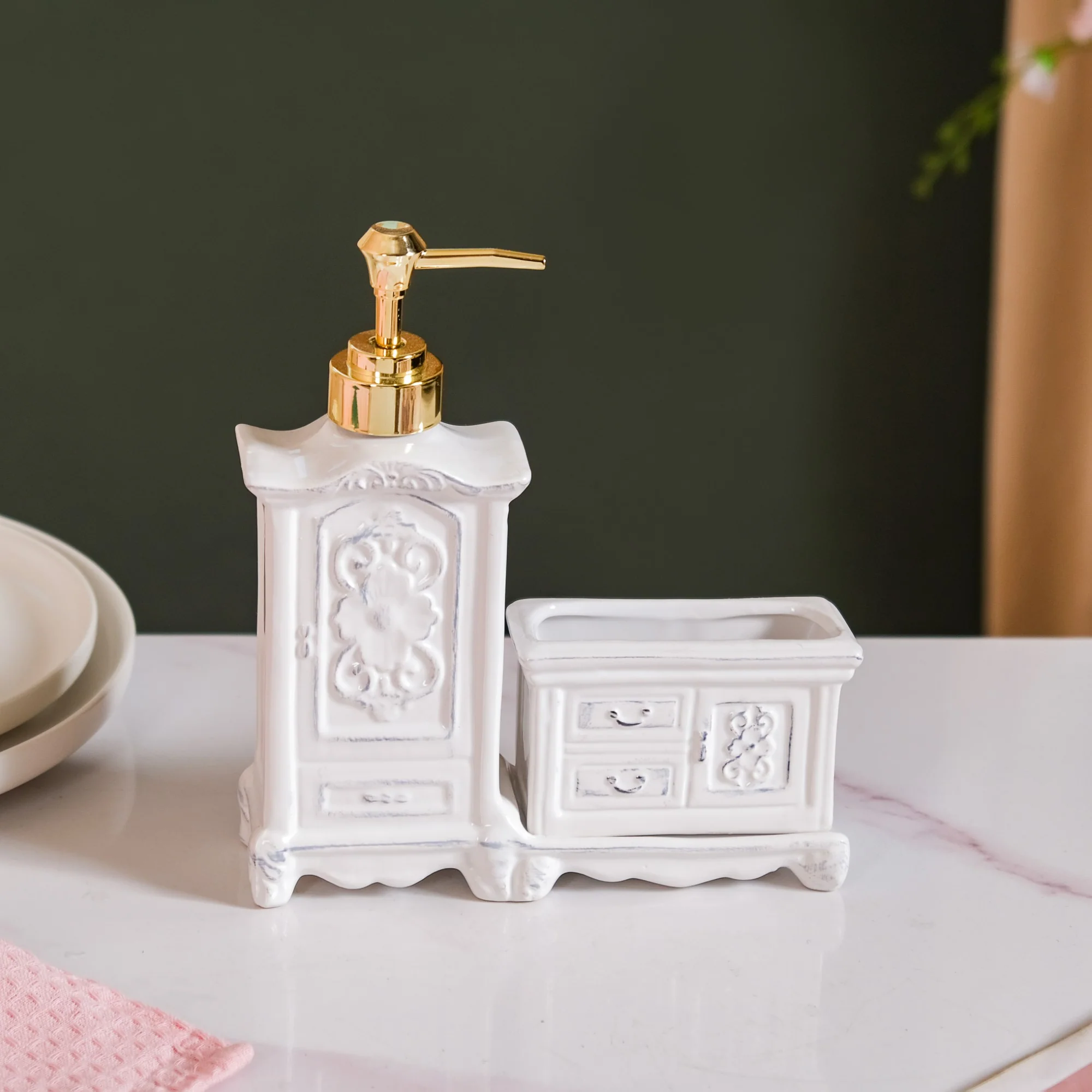 Vintage Cabinet Shaped Ceramic Soap Dispenser White - Image 8