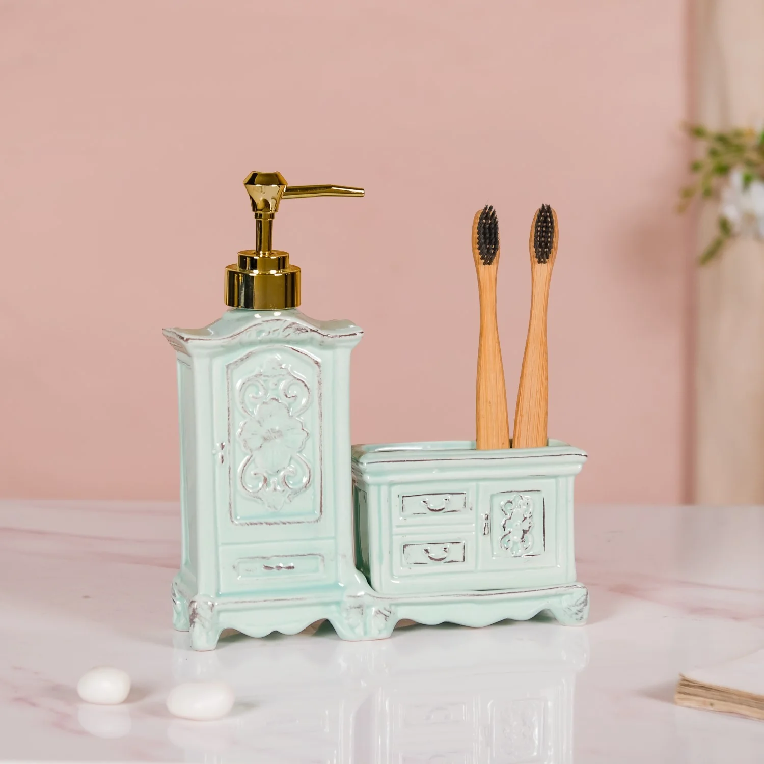 Vintage Ceramic Soap Dispenser Pastel Green - Image 2