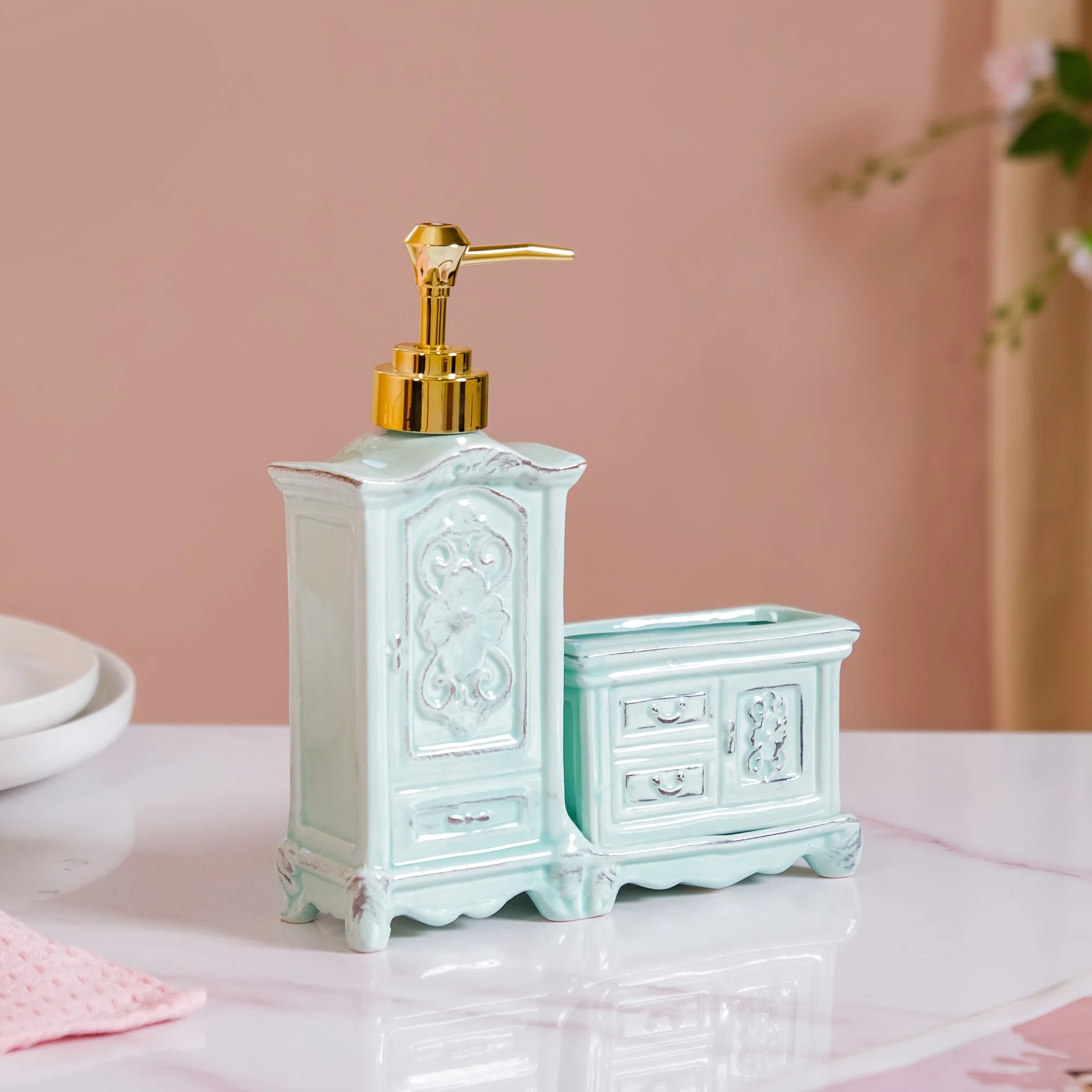 Vintage Ceramic Soap Dispenser Pastel Green - Image 5