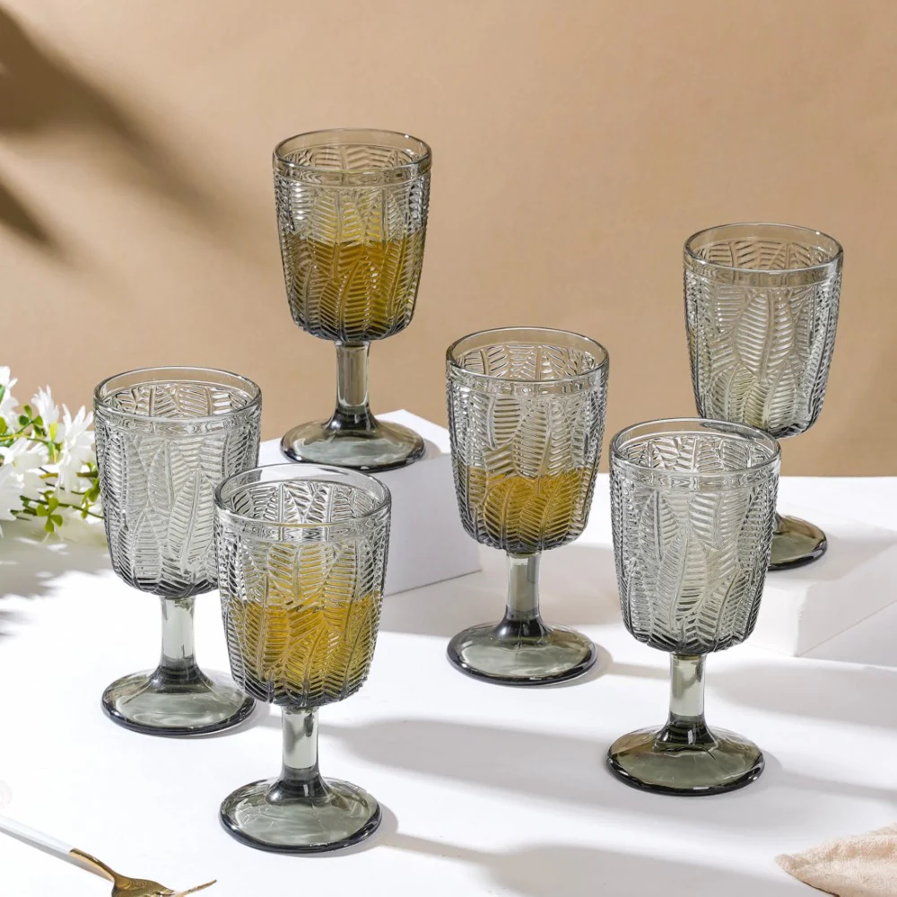 Vintage Engraved Wine Glass Grey Set of 6 300 ml