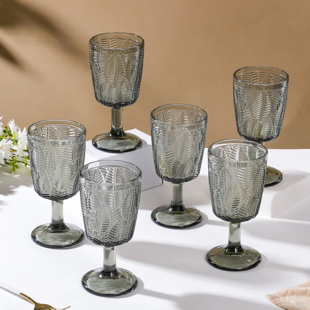 Vintage Engraved Wine Glass Grey Set of 6 300 ml - Image 3