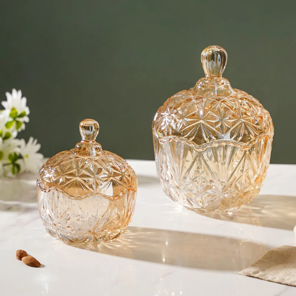Vintage Round Crystal Glass Amber Jar Small 200 ml - Image 12