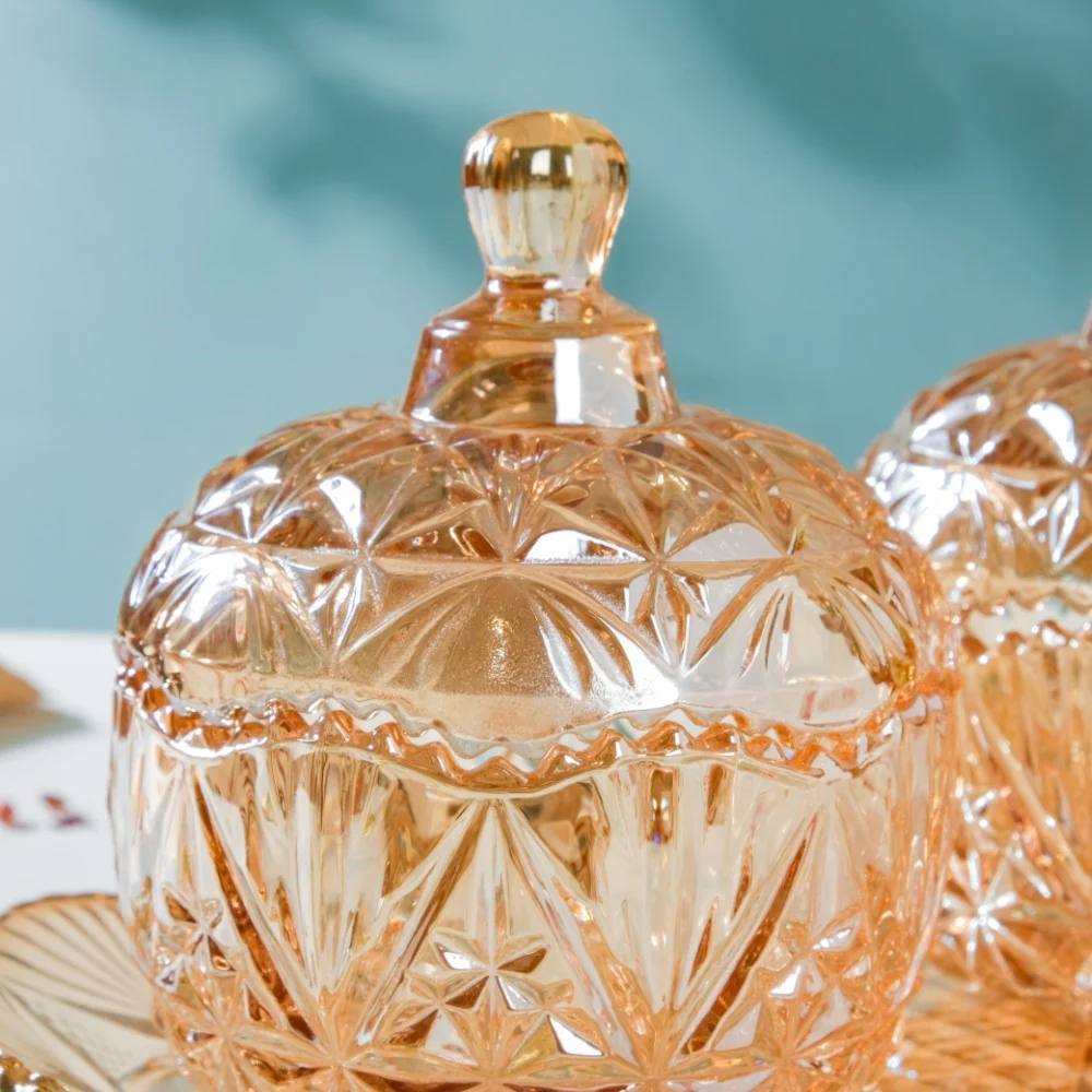Vintage Round Textured Glass Jar With Lid Amber Set Of 3 200ml - Image 12