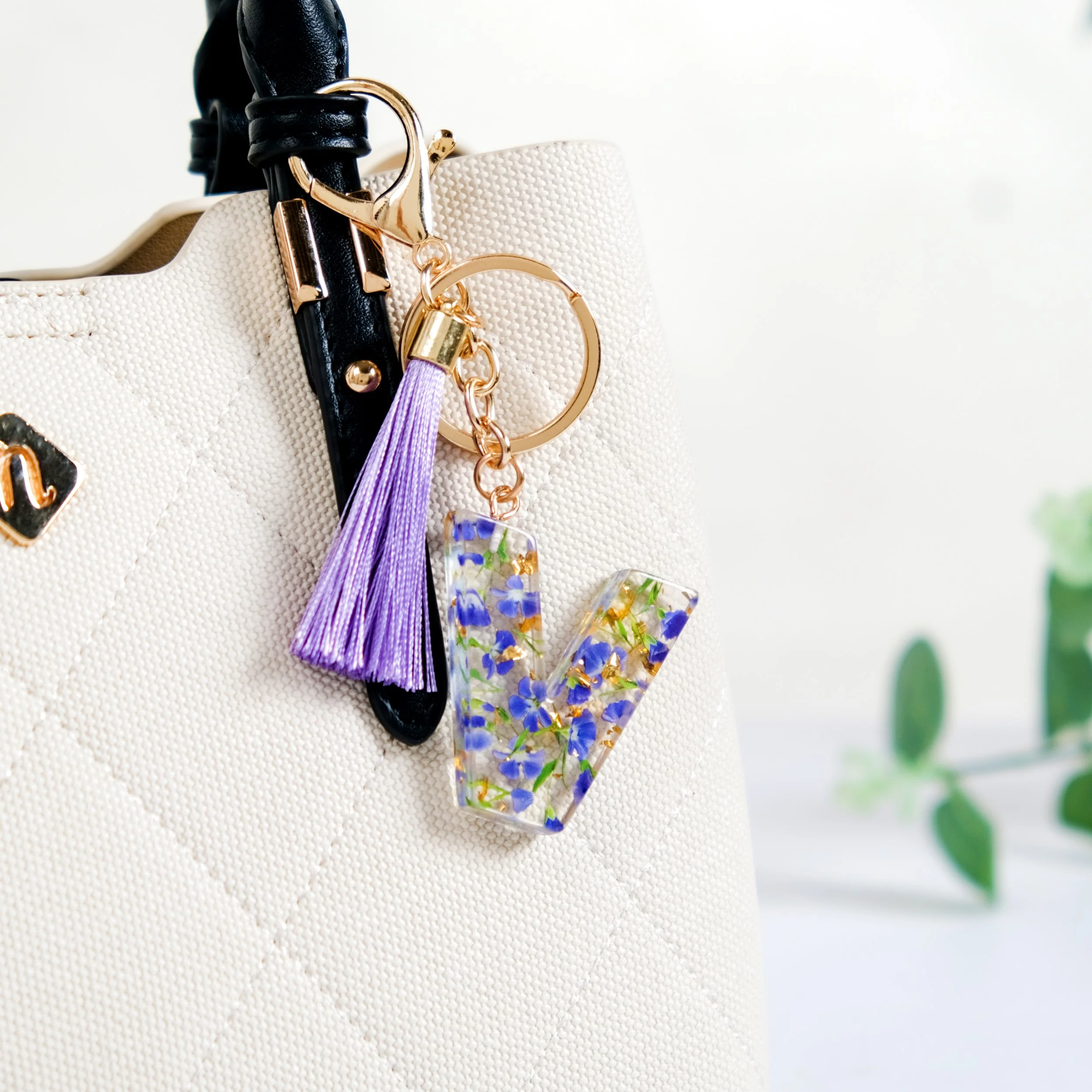 Violet Whimsy Pressed Flower V Keychain - Image 3