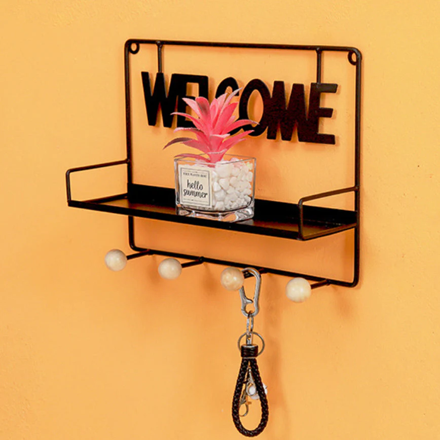Welcome Wall Hanging Metal Rack Black