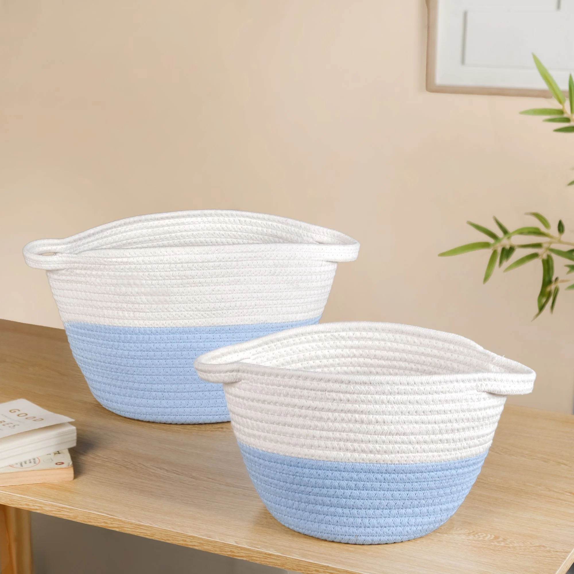 White And Blue Rope Basket Set Of 2 20cm And 18cm - Image 2