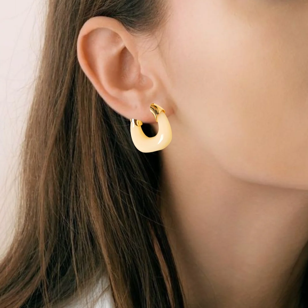 White And Gold Huggie Hoop Earrings - Image 5
