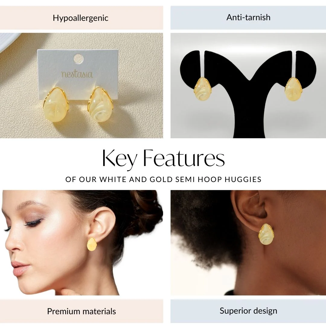 White And Gold Semi Hoop Huggies - Image 4