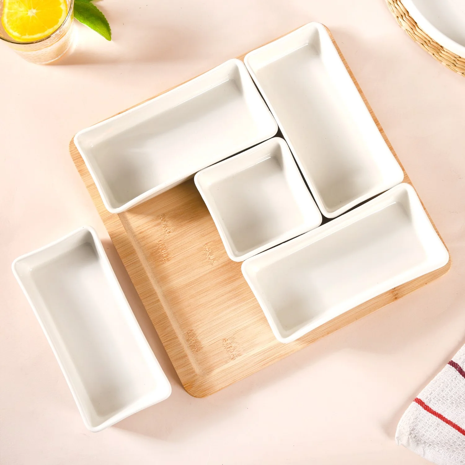 White Ceramic Bowls With Bamboo Tray Set Of 5 - Image 10