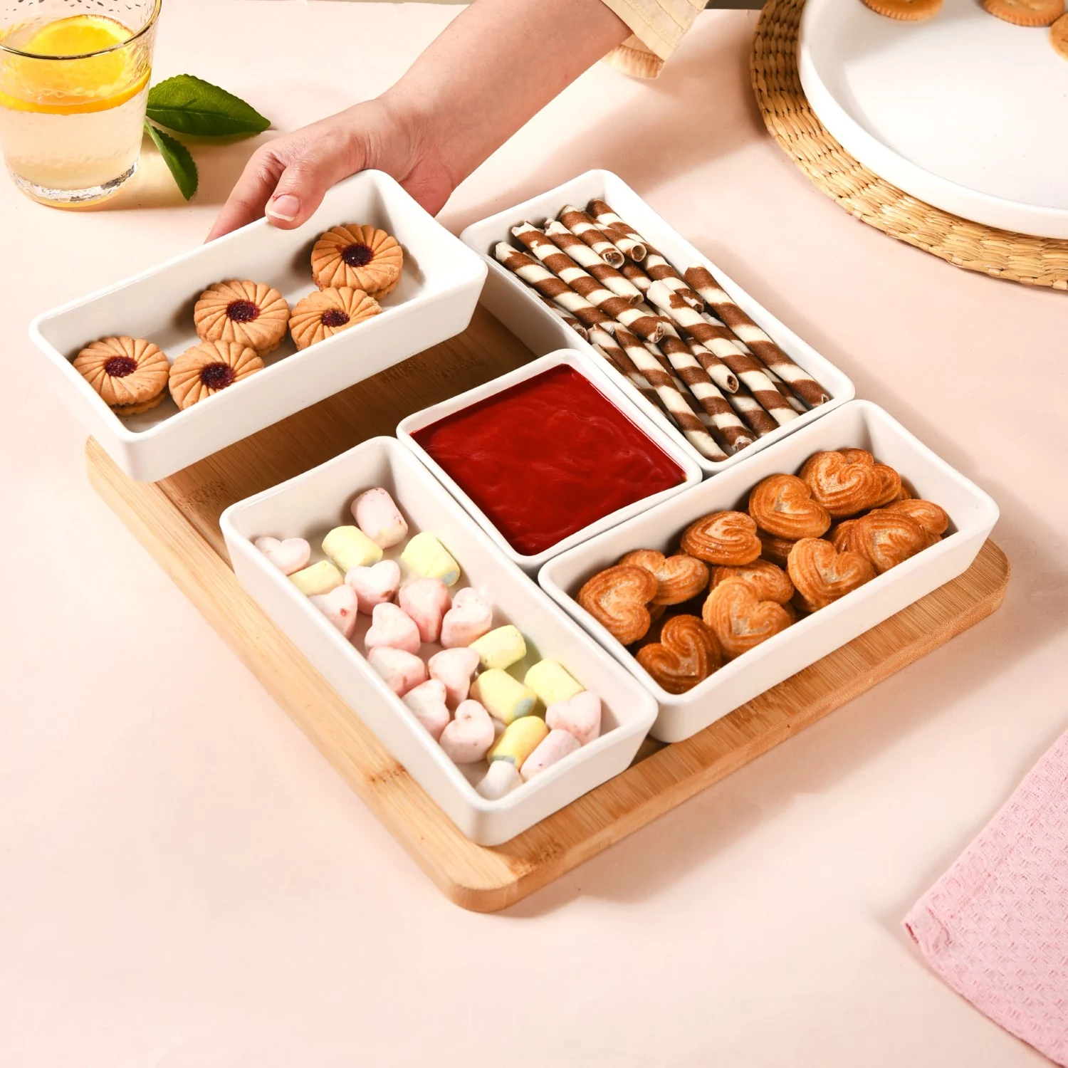 White Ceramic Bowls With Bamboo Tray Set Of 5 - Image 3
