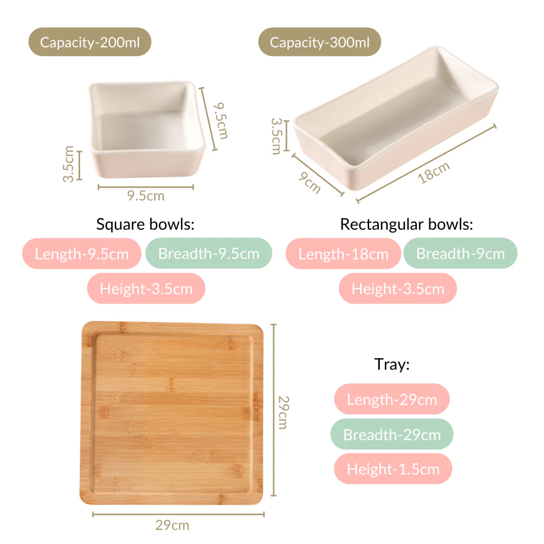 White Ceramic Bowls With Bamboo Tray Set Of 5 - Image 4