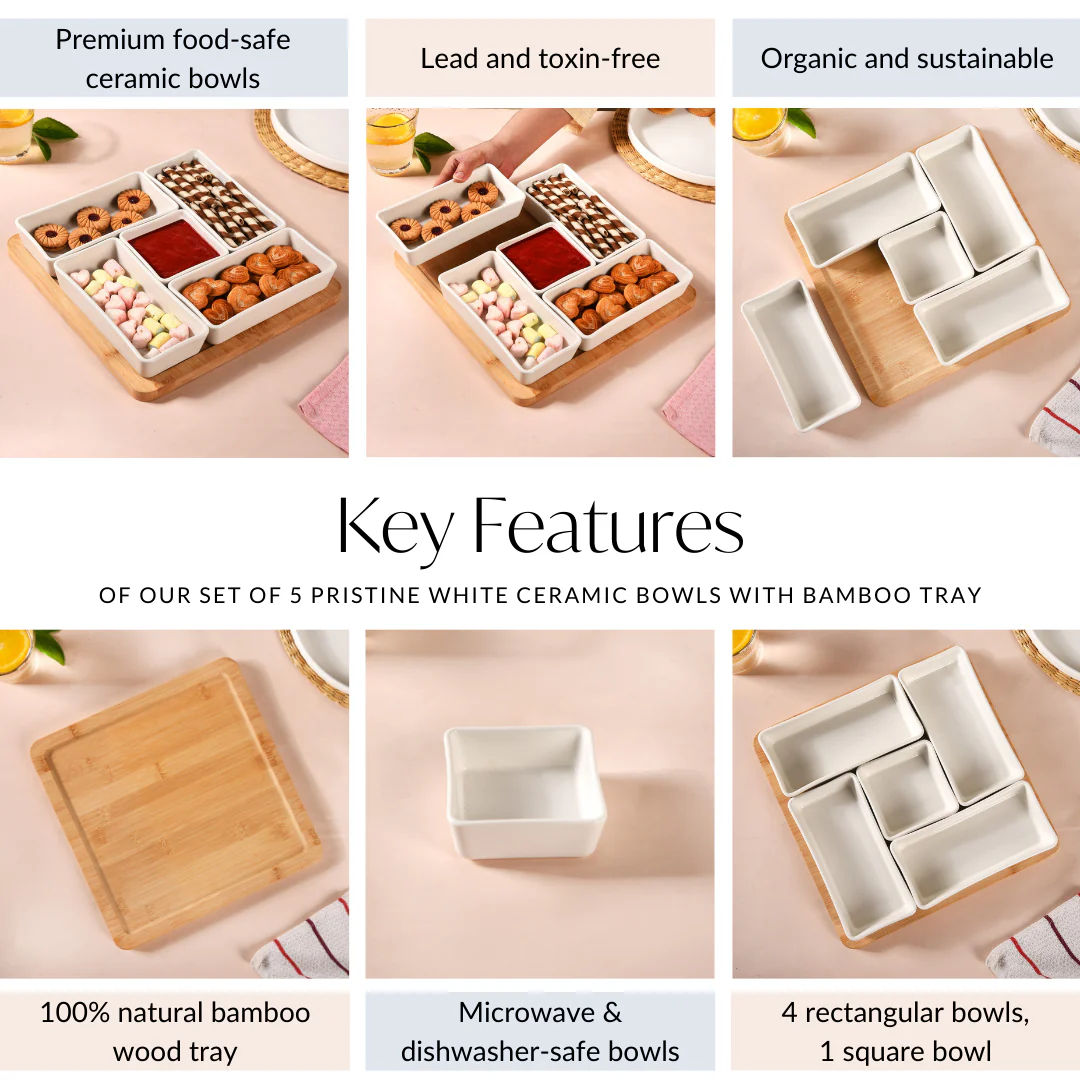 White Ceramic Bowls With Bamboo Tray Set Of 5 - Image 5