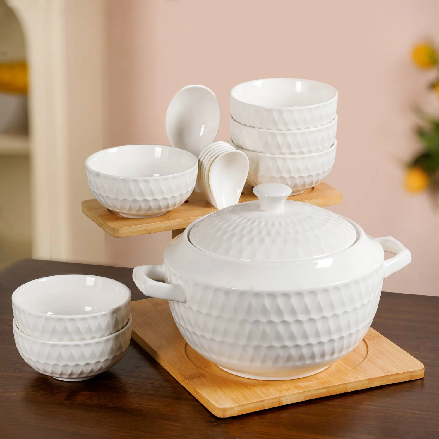 White Ceramic Pot And Bowl Set With Spoons And Wooden Stand - Image 10
