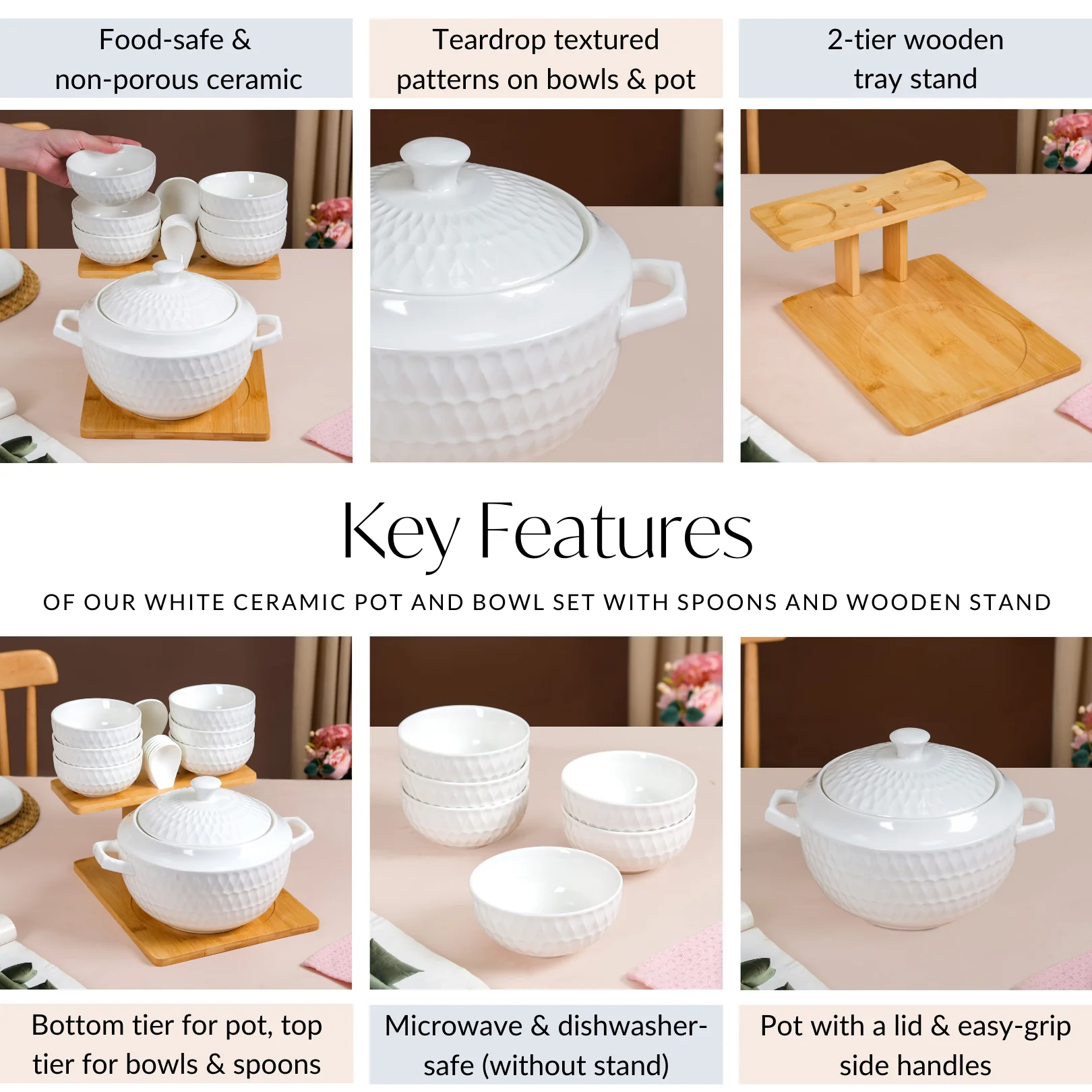 White Ceramic Pot And Bowl Set With Spoons And Wooden Stand - Image 4