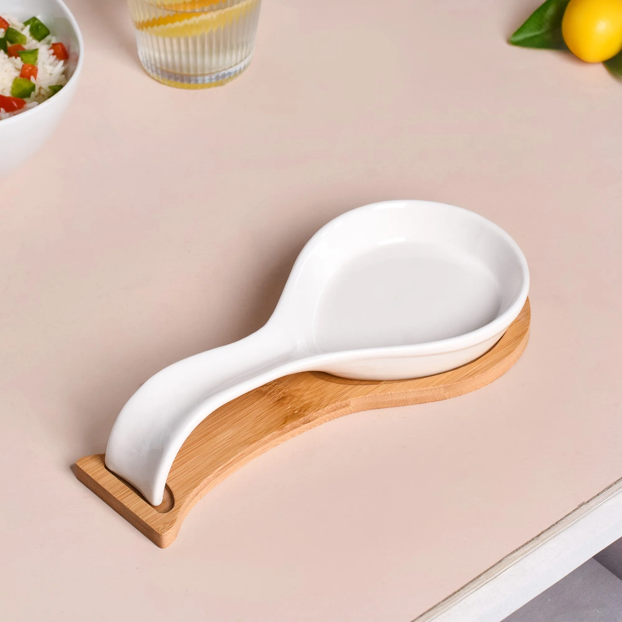 White Ceramic Spoon Holder With Wooden Tray - Image 8