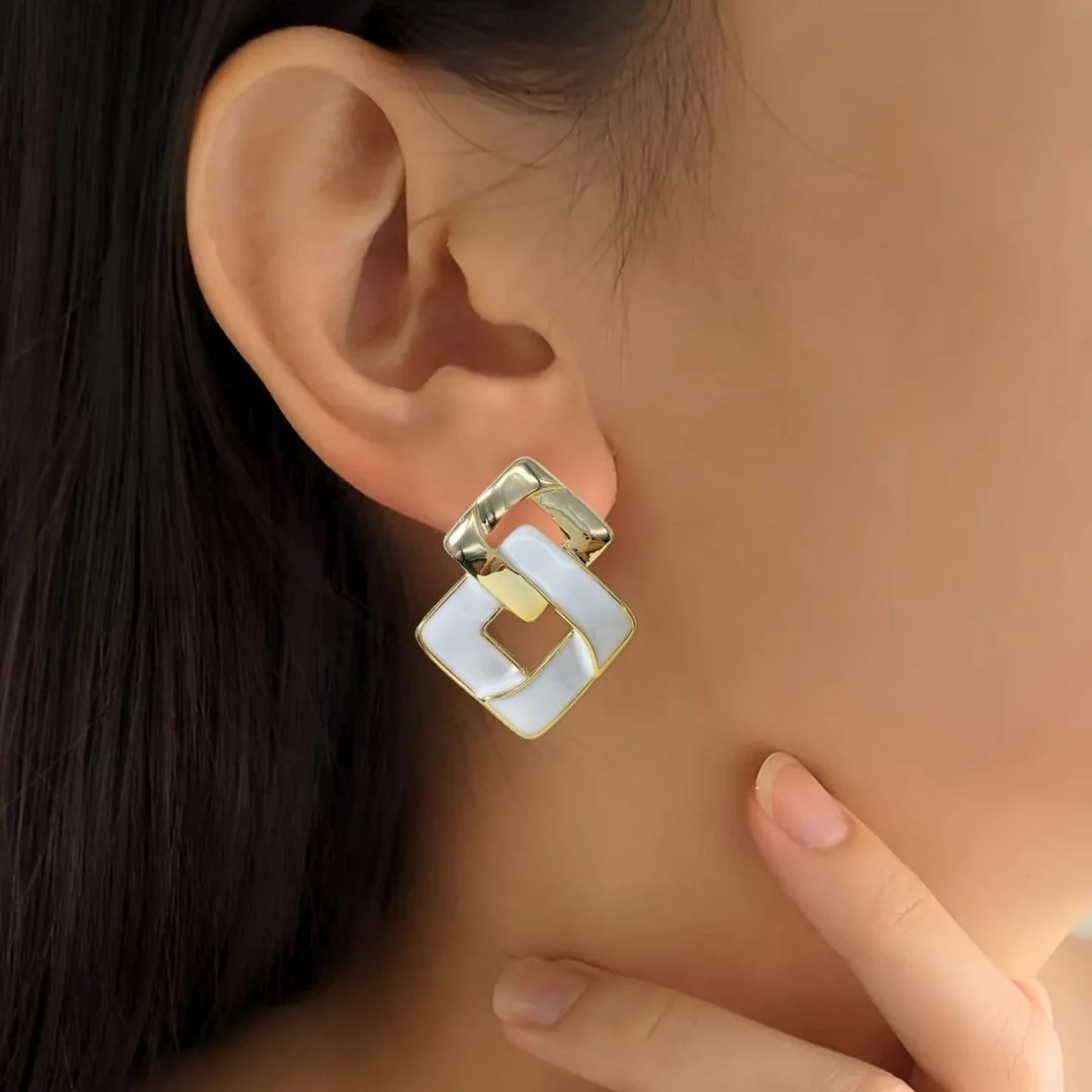 White Crossing Square Earrings - Image 2