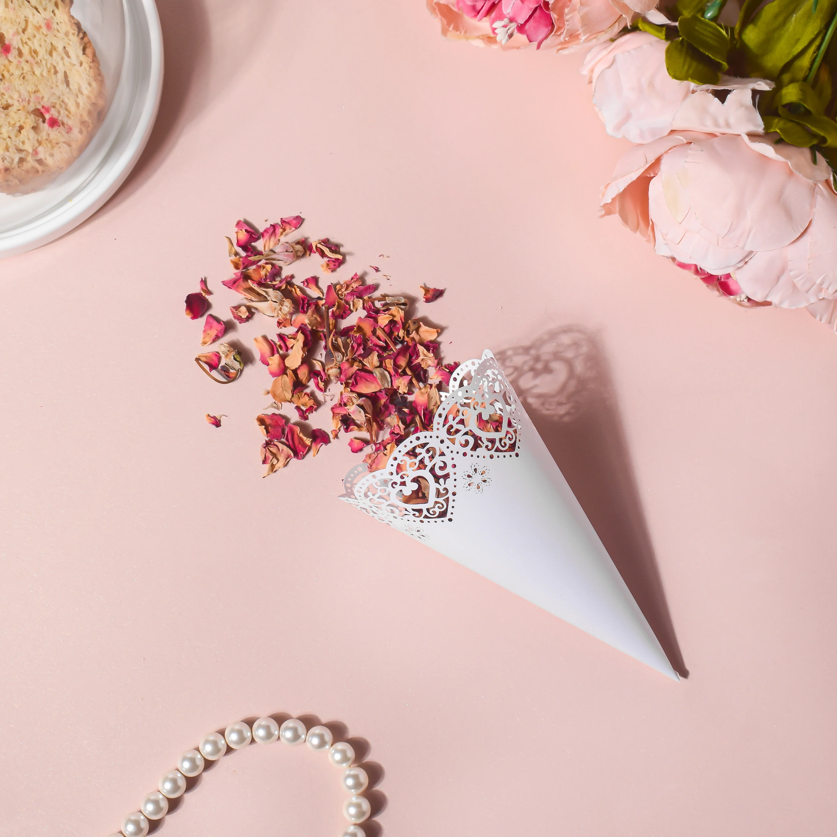 White Heart Lace Paper Cone Doily Set of 20