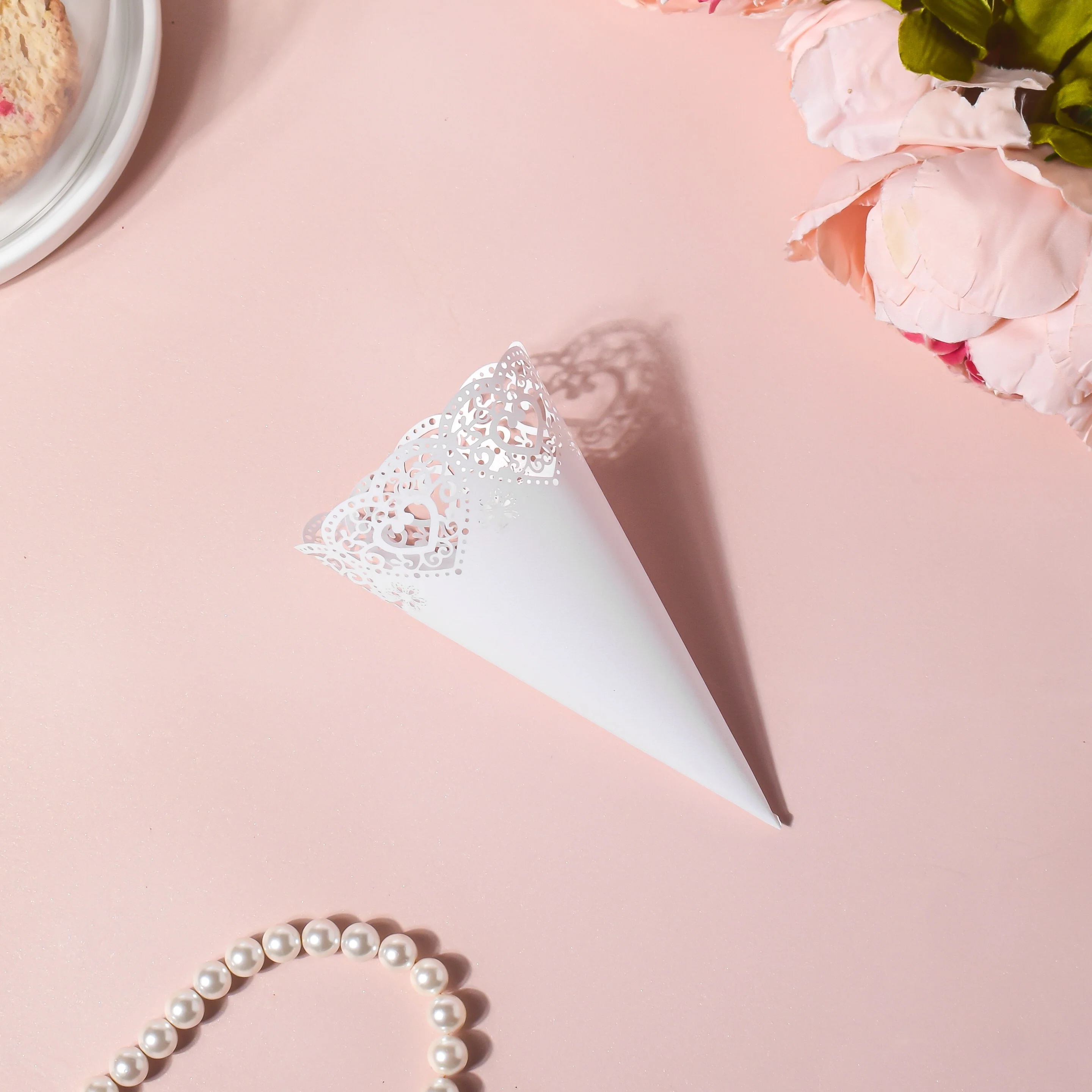 White Heart Lace Paper Cone Doily Set of 20 - Image 6