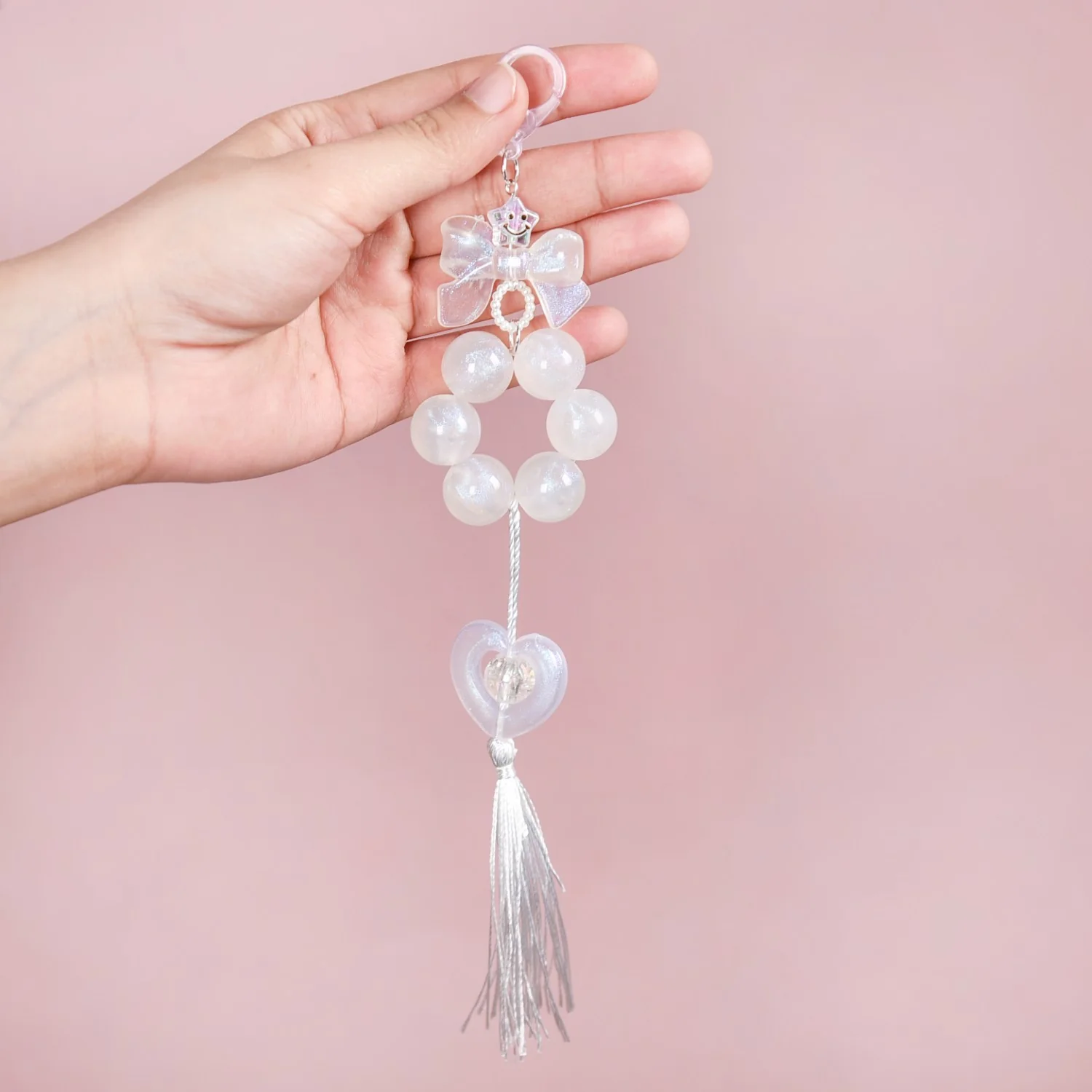 White Lustre Hoop Keyring With Tassel - Image 2