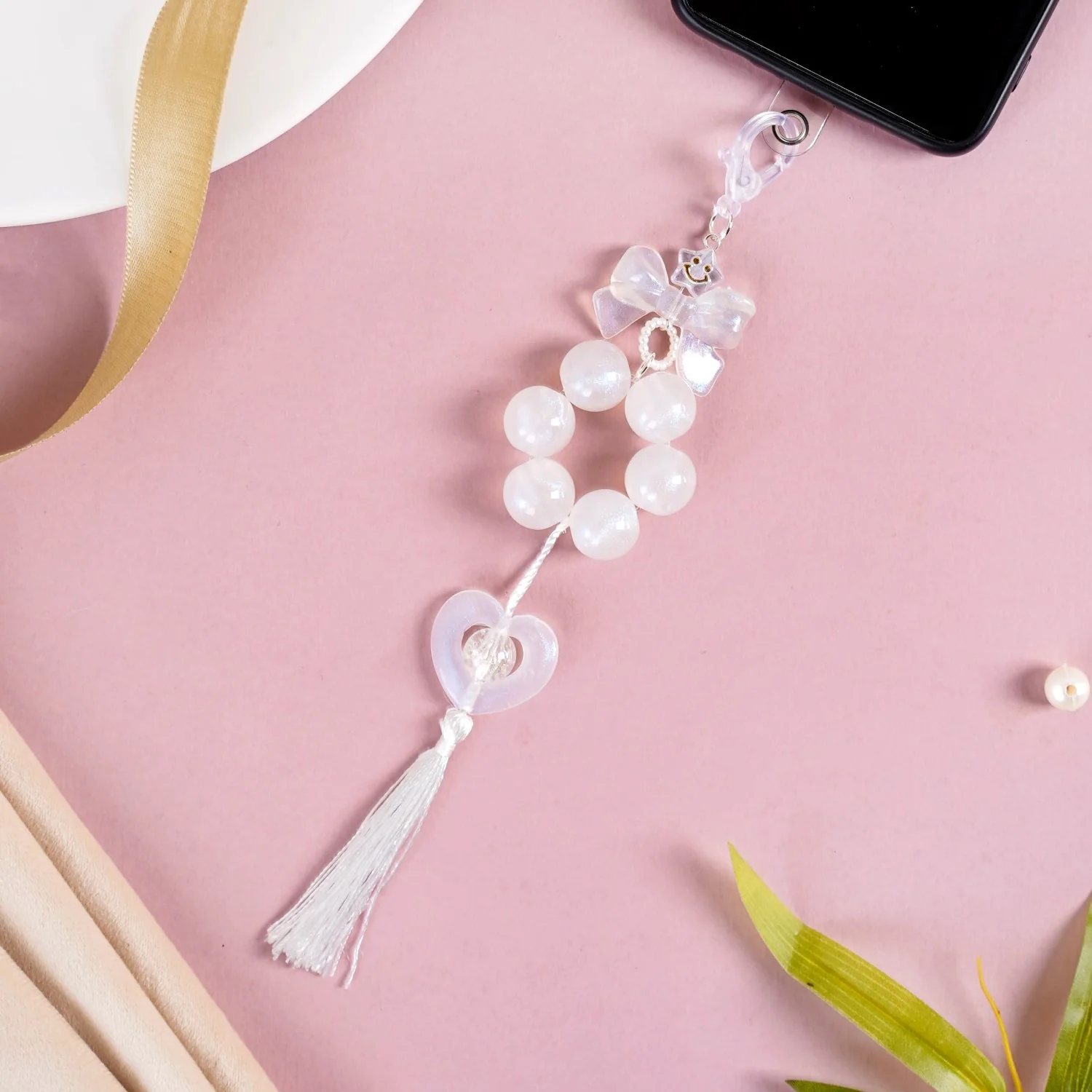 White Lustre Hoop Keyring With Tassel - Image 8
