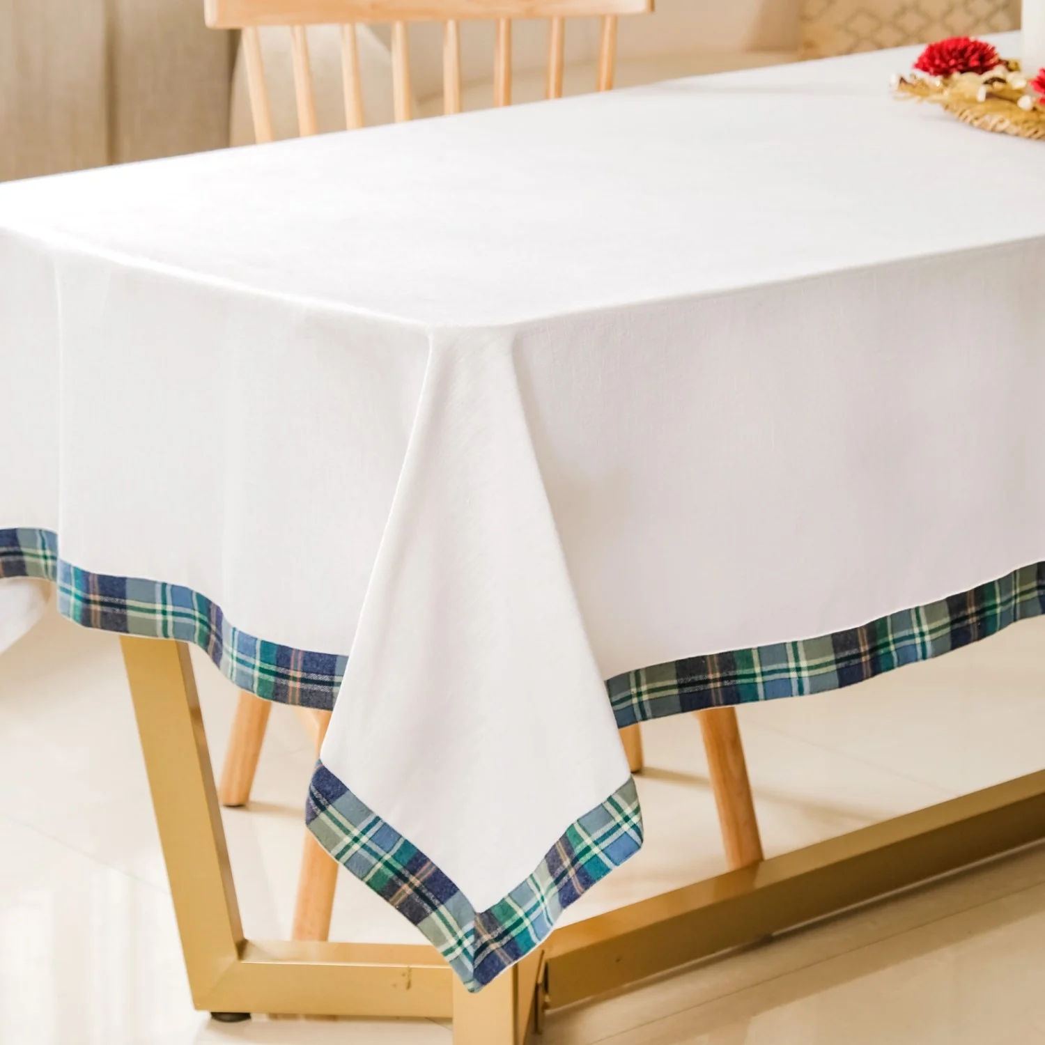 White Table Cloth With Blue Plaid Border - Image 3