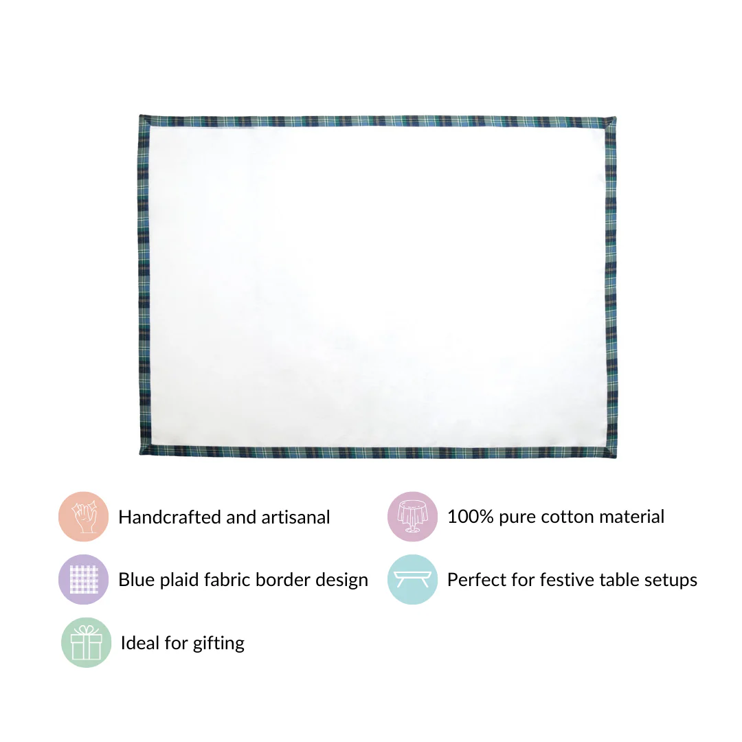 White Table Cloth With Blue Plaid Border - Image 5