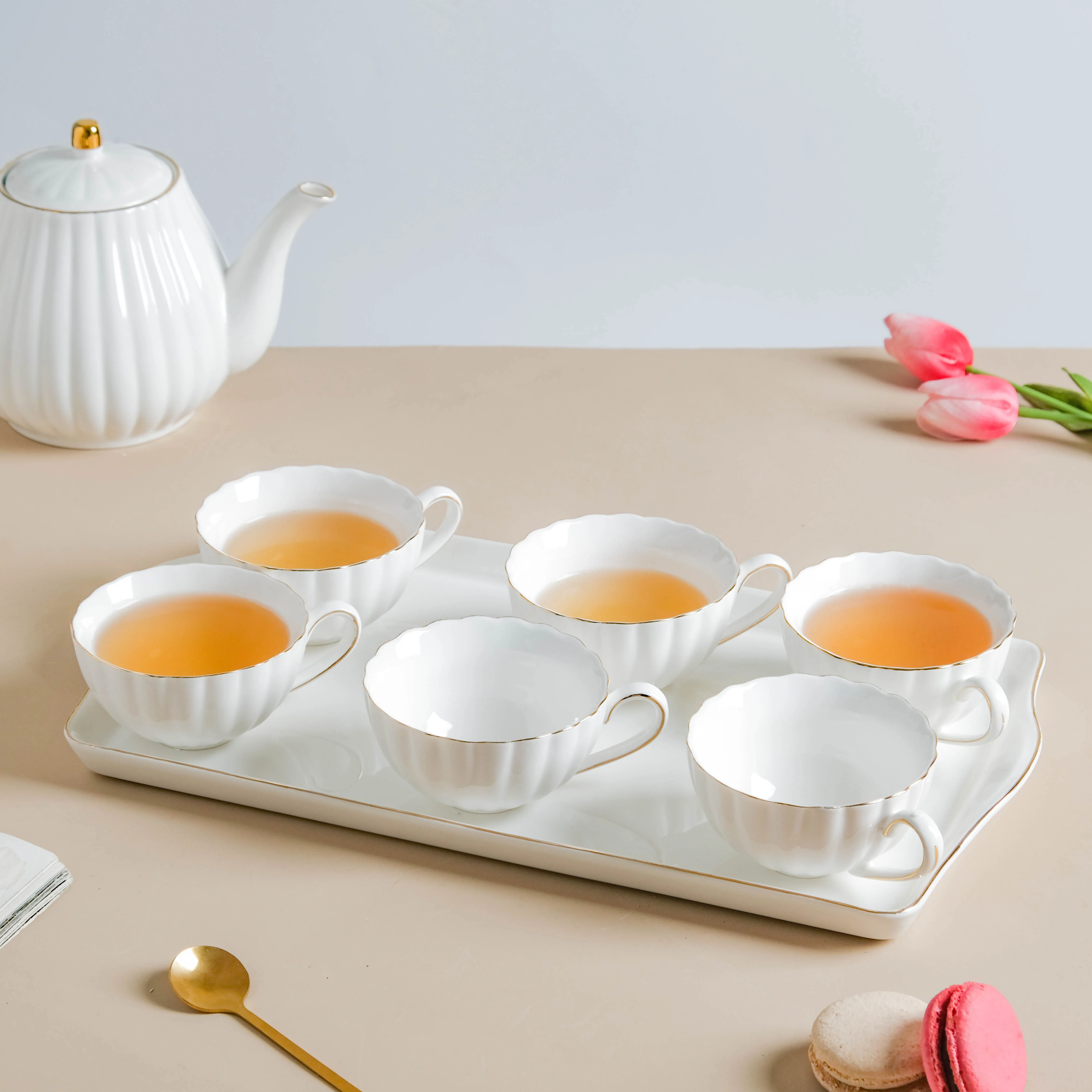 White Truffle Ribbed 1 Litre Teapot With Set Of 6 Cups 150 ml - Image 4