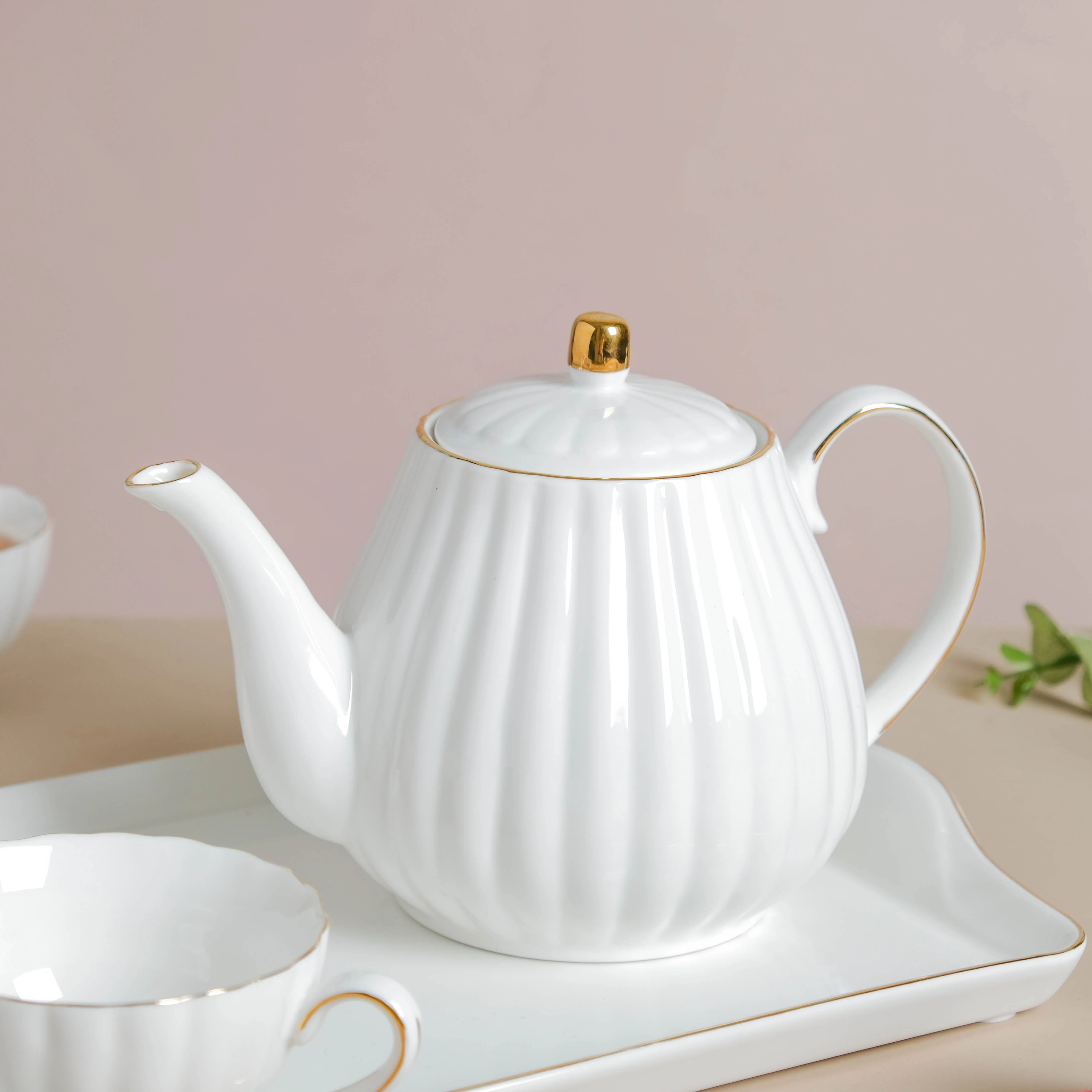 White Truffle Ribbed 1 Litre Teapot With Set of 4 Cups 150 ml - Image 11