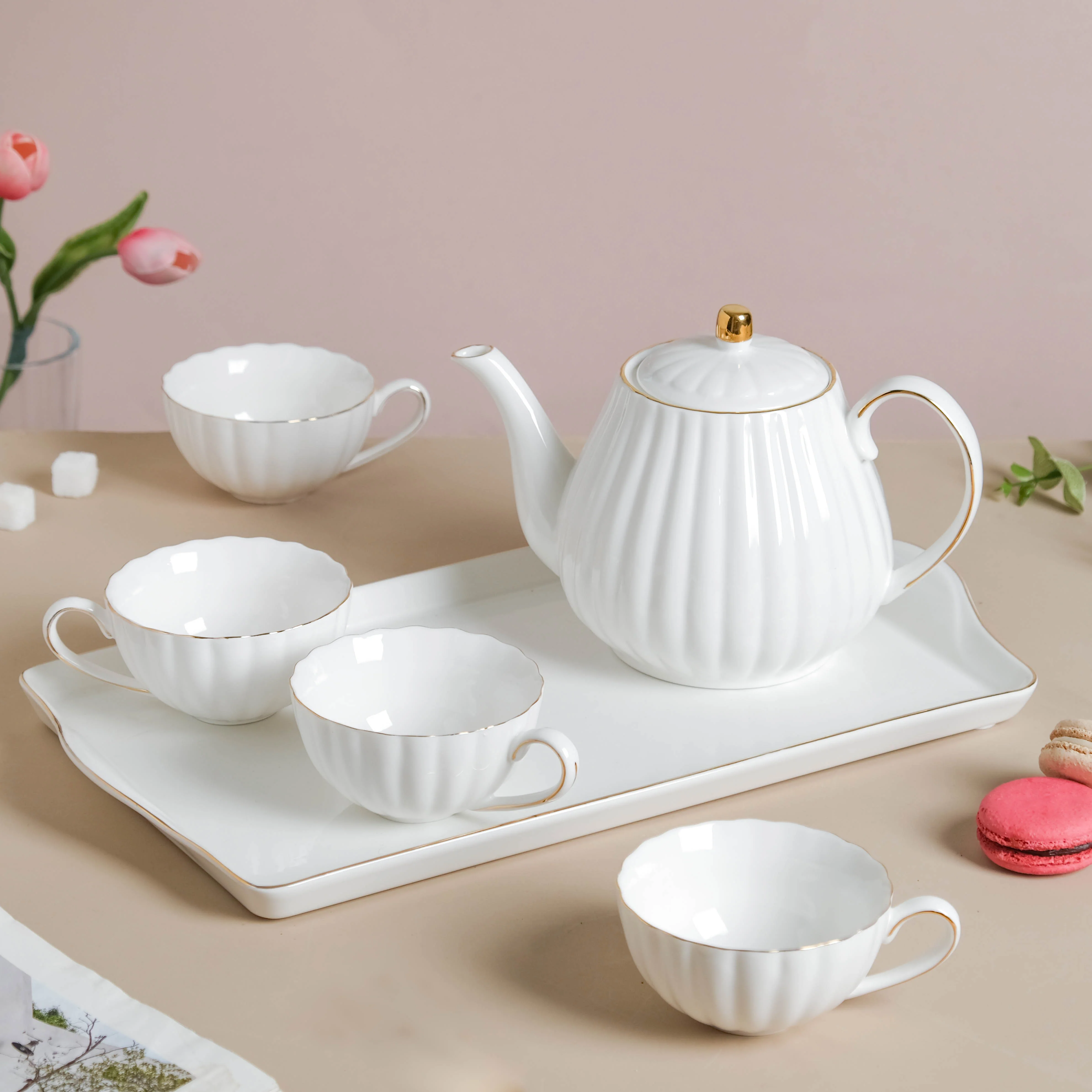 White Truffle Ribbed 1 Litre Teapot With Set of 4 Cups 150 ml - Image 2