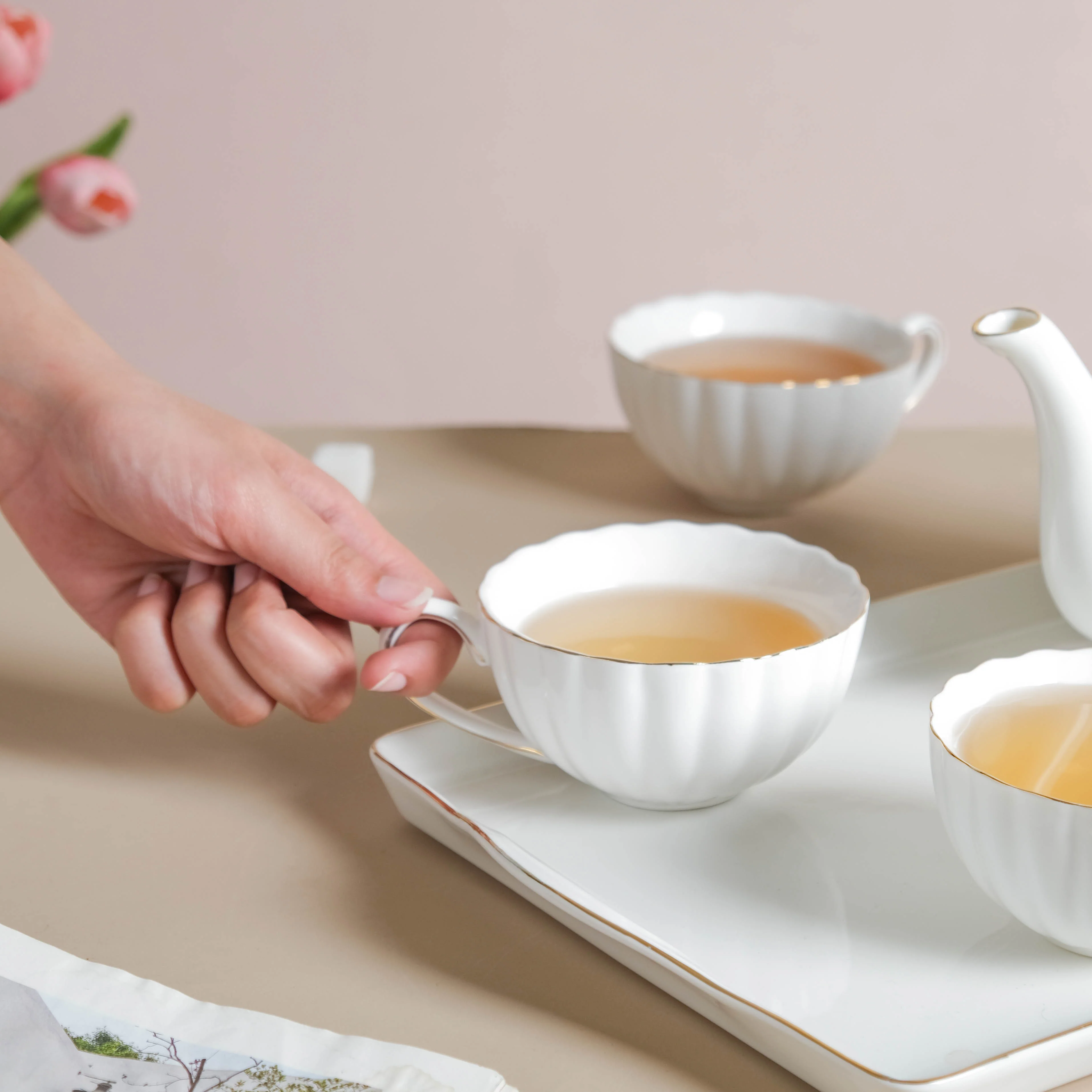 White Truffle Ribbed 1 Litre Teapot With Set of 4 Cups 150 ml - Image 5