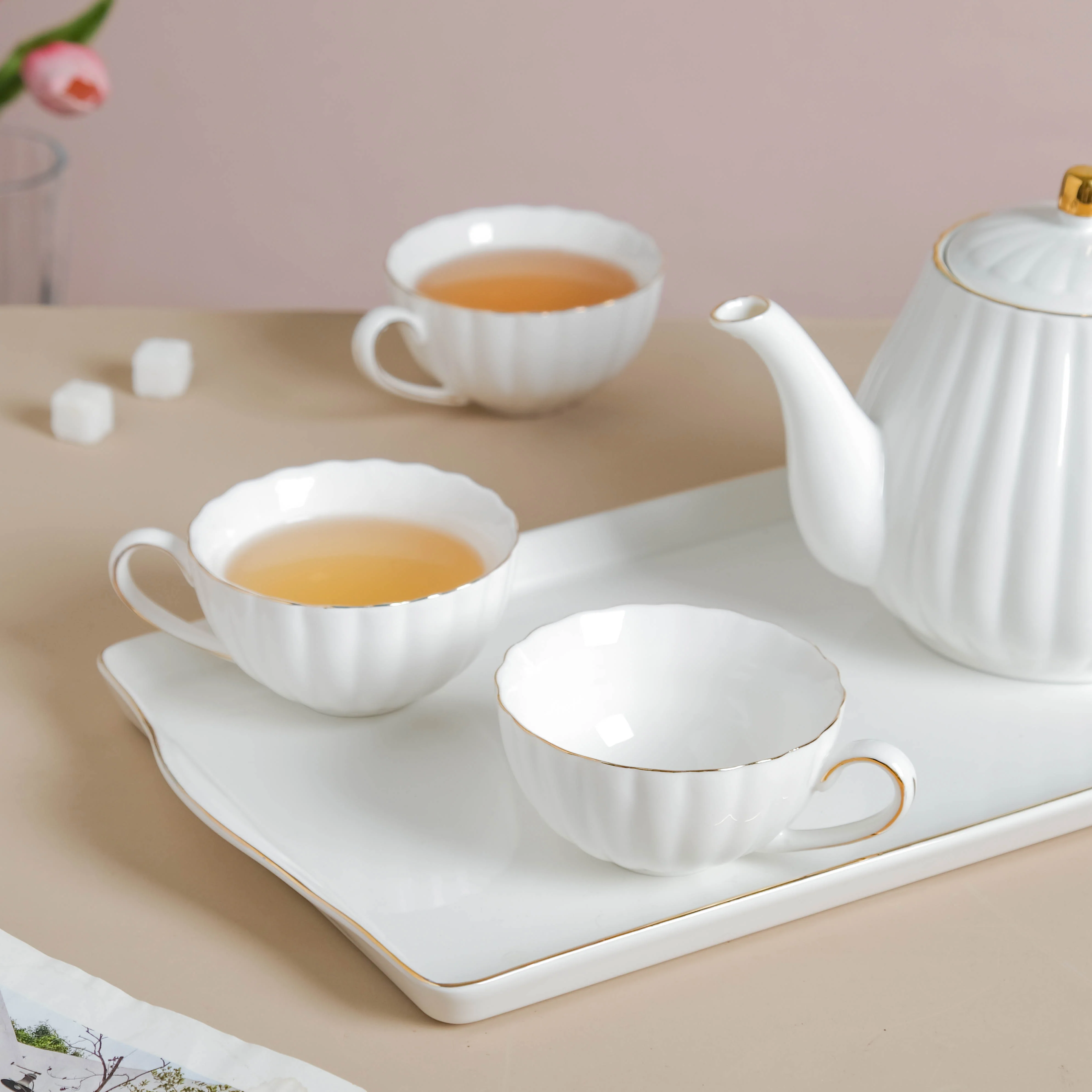 White Truffle Ribbed 1 Litre Teapot With Set of 4 Cups 150 ml - Image 6