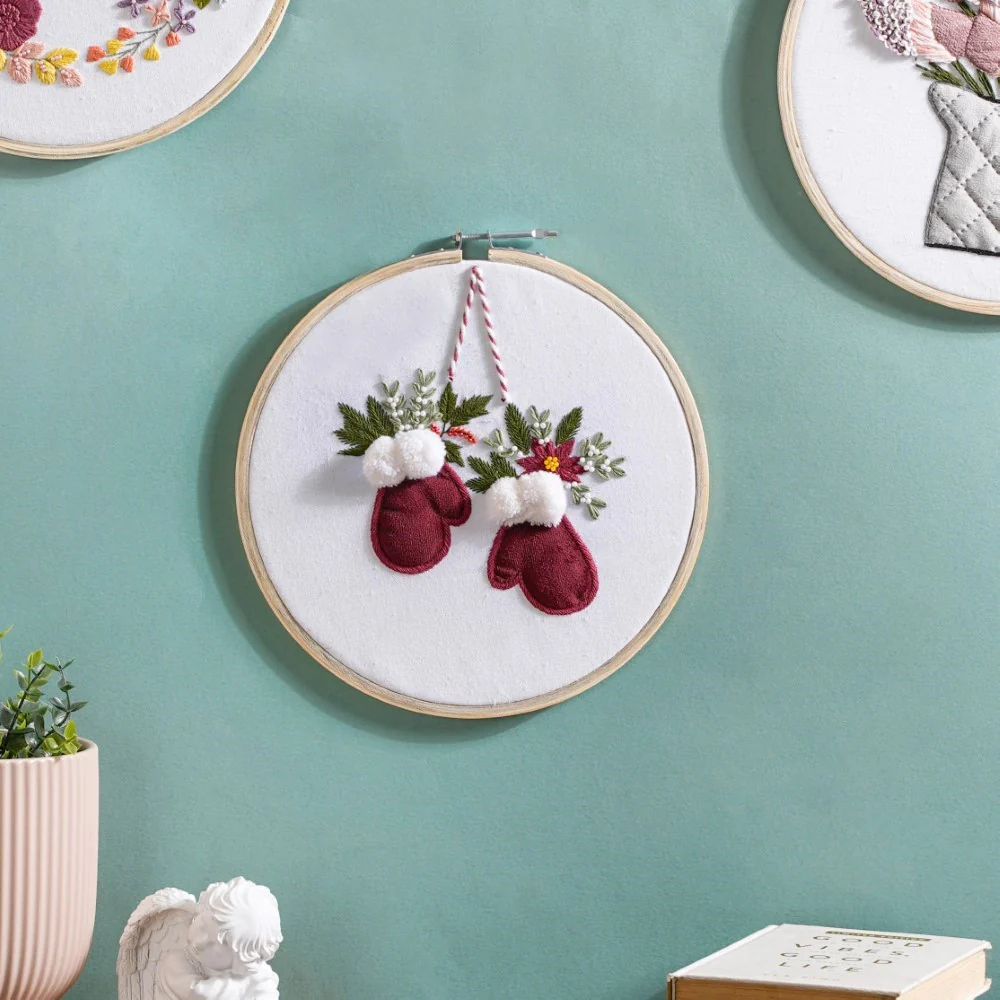 Winter Gloves Hand Embroidered Hoop Wall Hanging 10 Inch