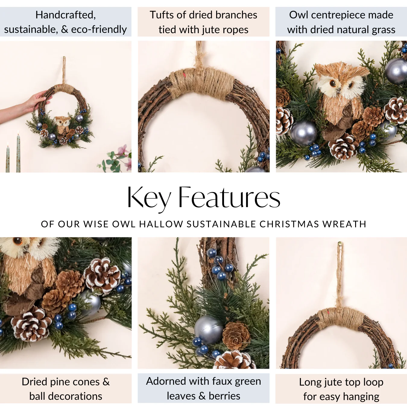 Wise Owl Hallow Sustainable Christmas Wreath For Wall Decor - Image 5