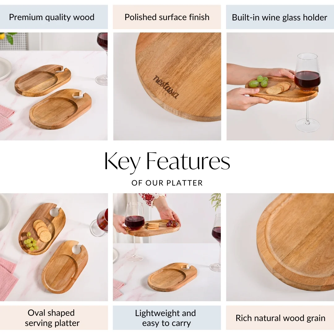 Wooden Appetiser Platter With Wine Glass Holder Set Of 2 9inch - Image 5