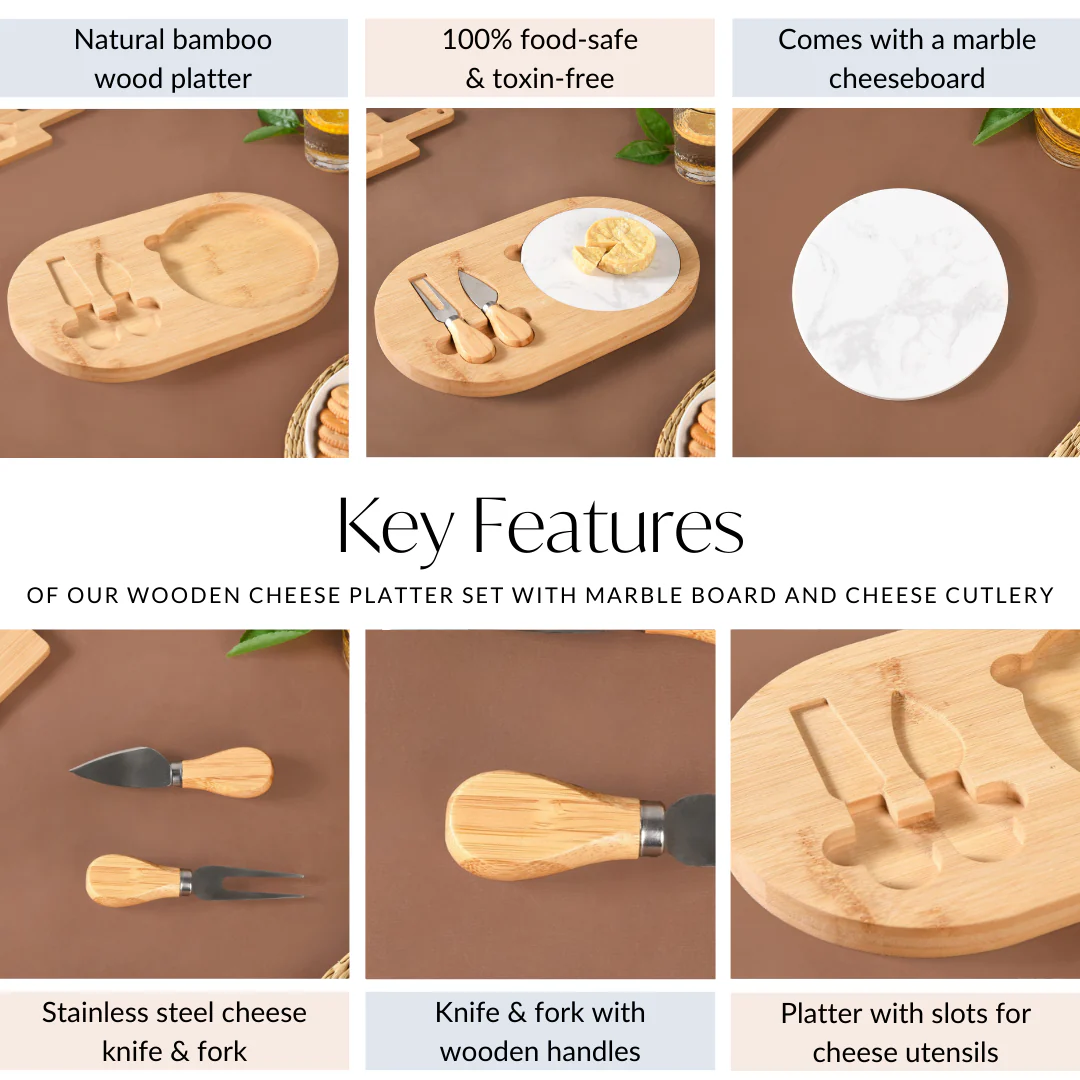 Wooden Cheese Platter Set With Marble Board And Cheese Cutlery - Image 5