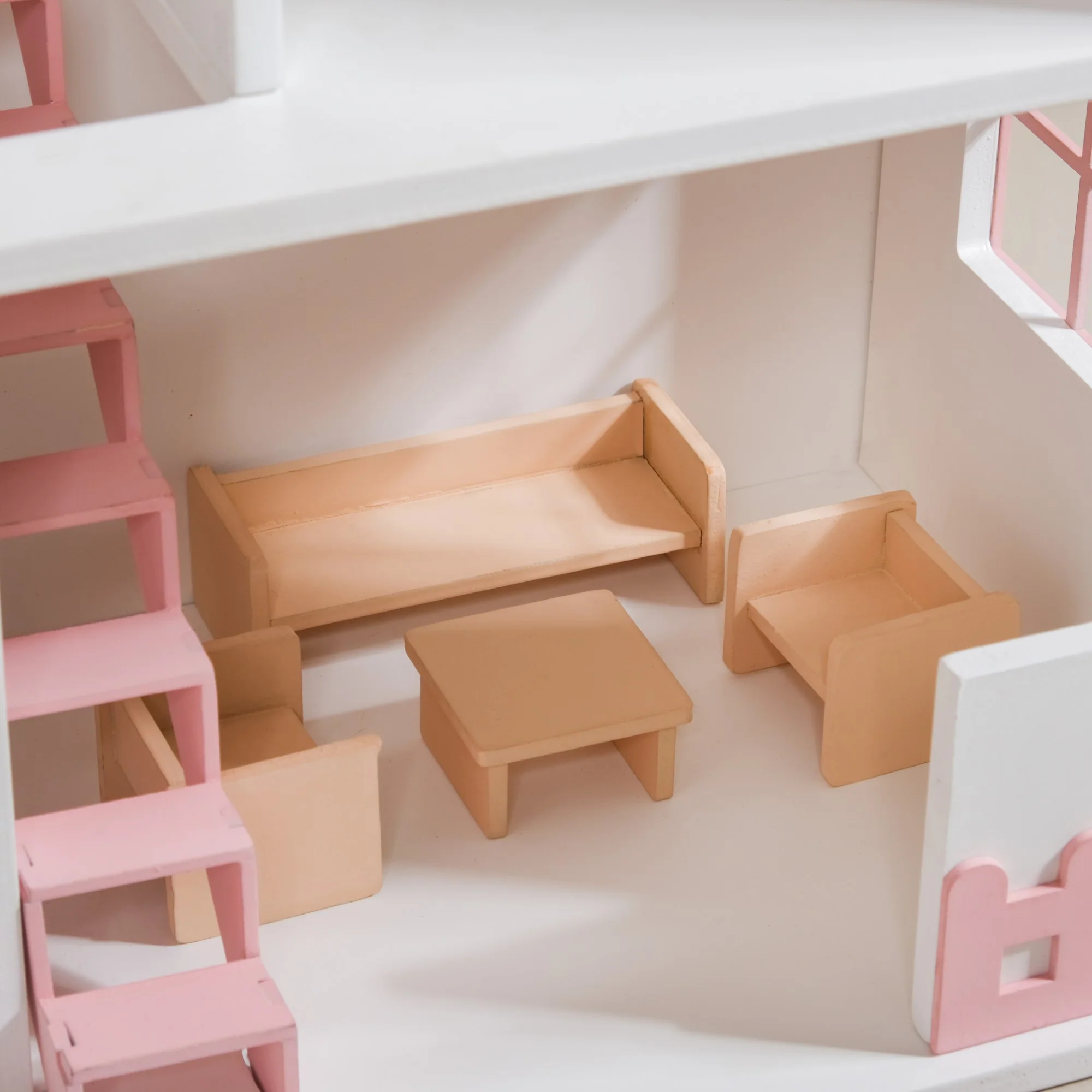 Wooden Dollhouse With Furniture Set Pink - Image 10
