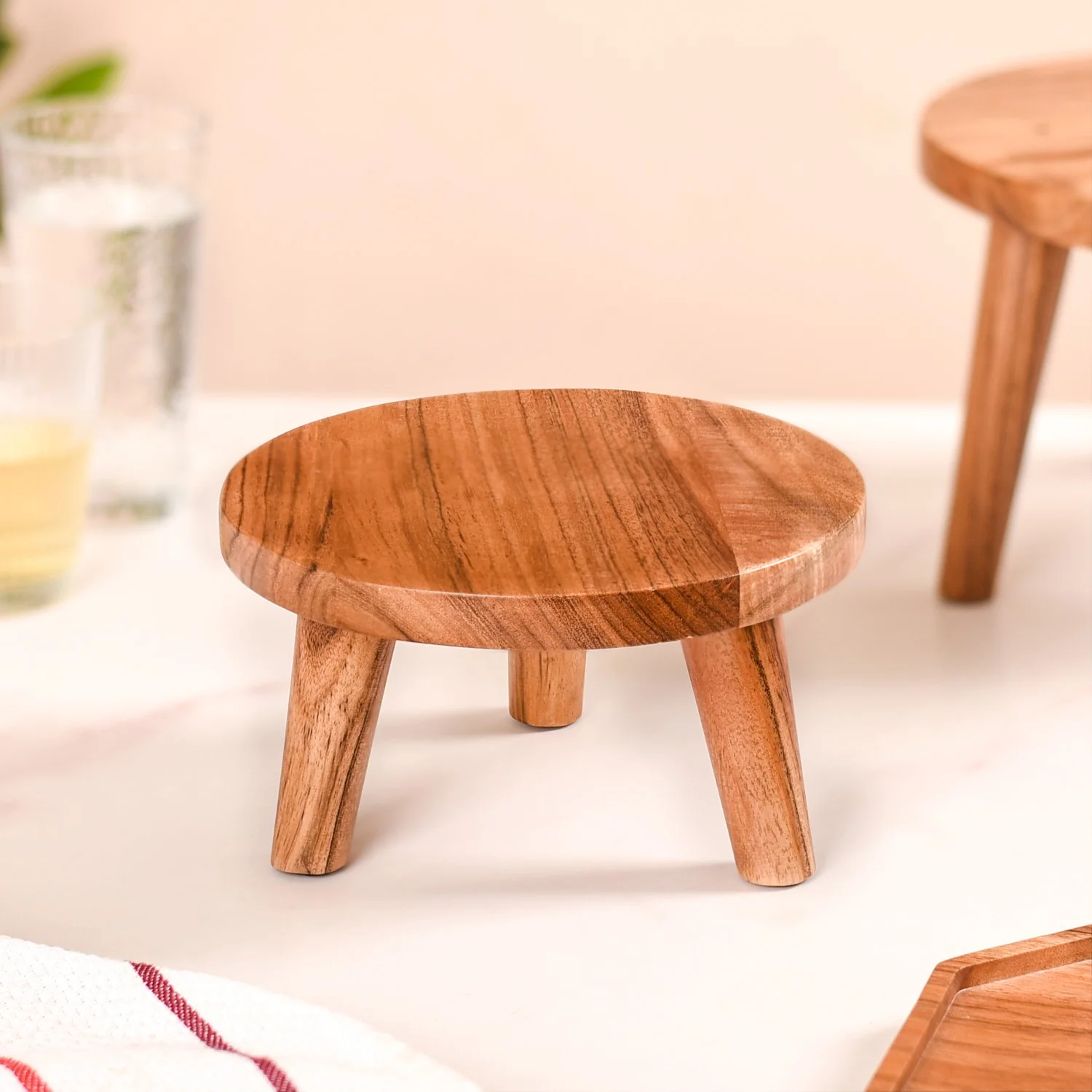 Wooden Stool Pedestal Serving Platter Set Of 2 - Image 8