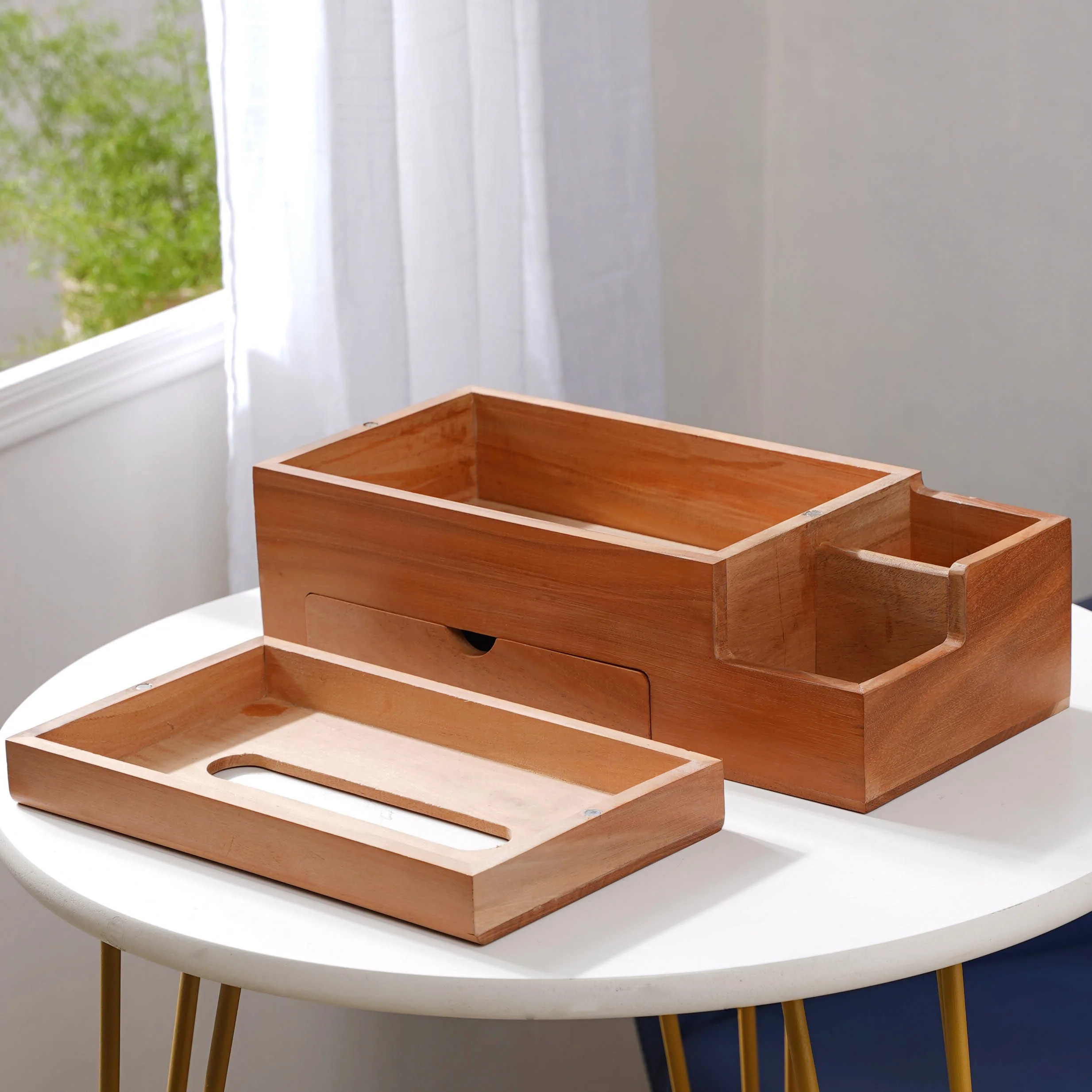 Wooden Tissue Box And 3 Shelf Desk Organiser - Image 9