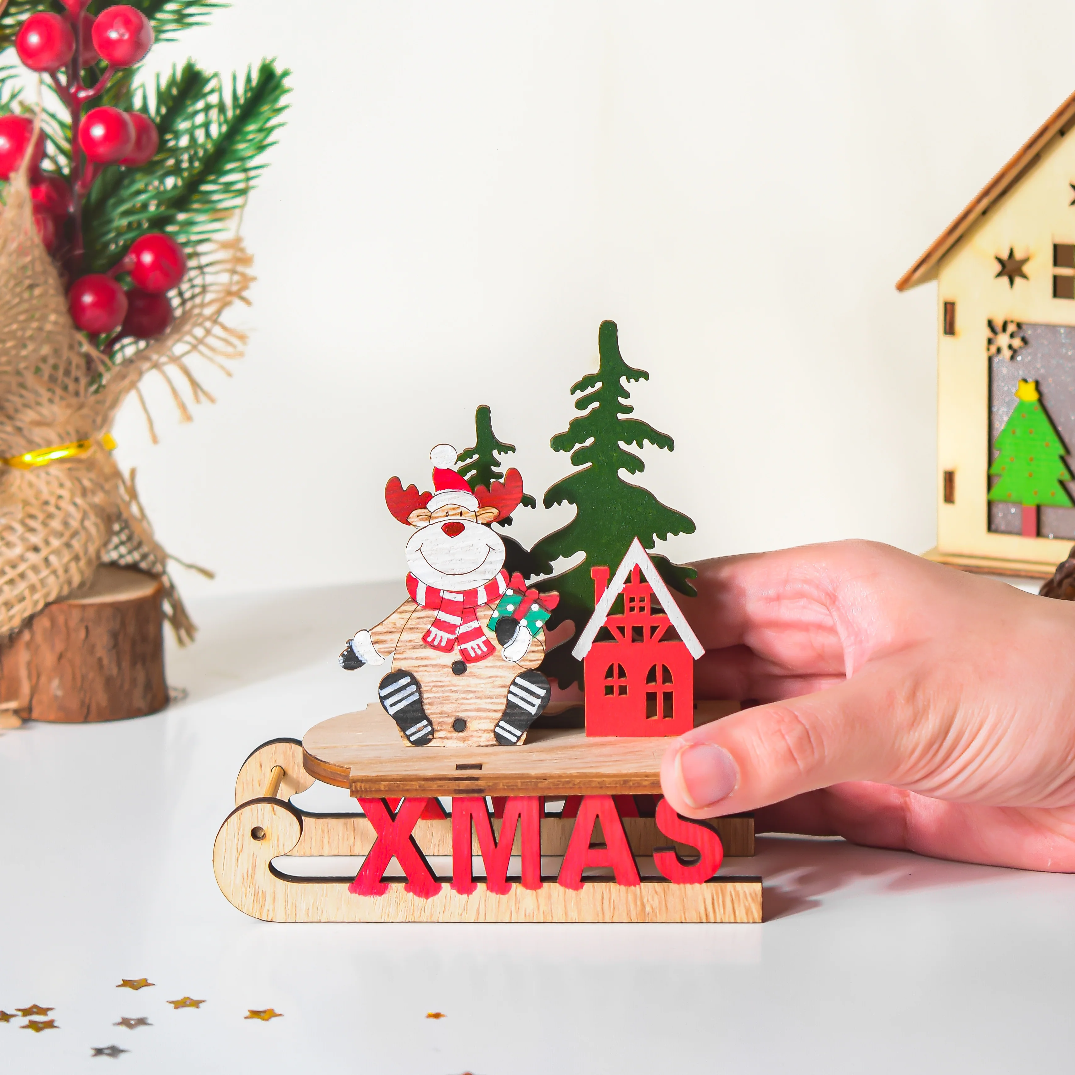 Xmas DIY Wooden Reindeer Sleigh Decor - Image 3