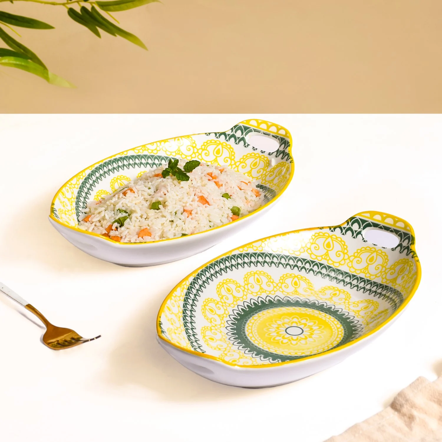 Yellow And Green Mandala Ceramic Platter Set Of 2 - Image 3
