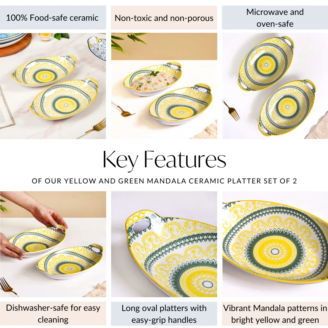 Yellow And Green Mandala Ceramic Platter Set Of 2 - Image 5