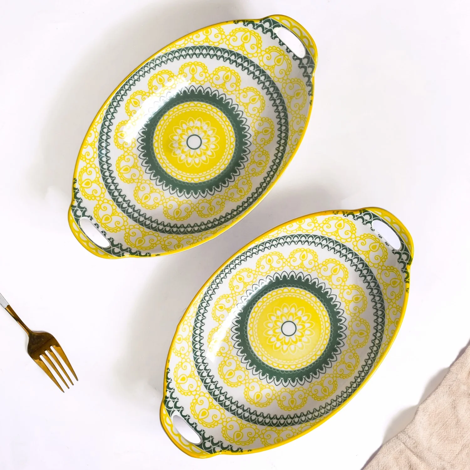 Yellow And Green Mandala Ceramic Platter Set Of 2 - Image 7