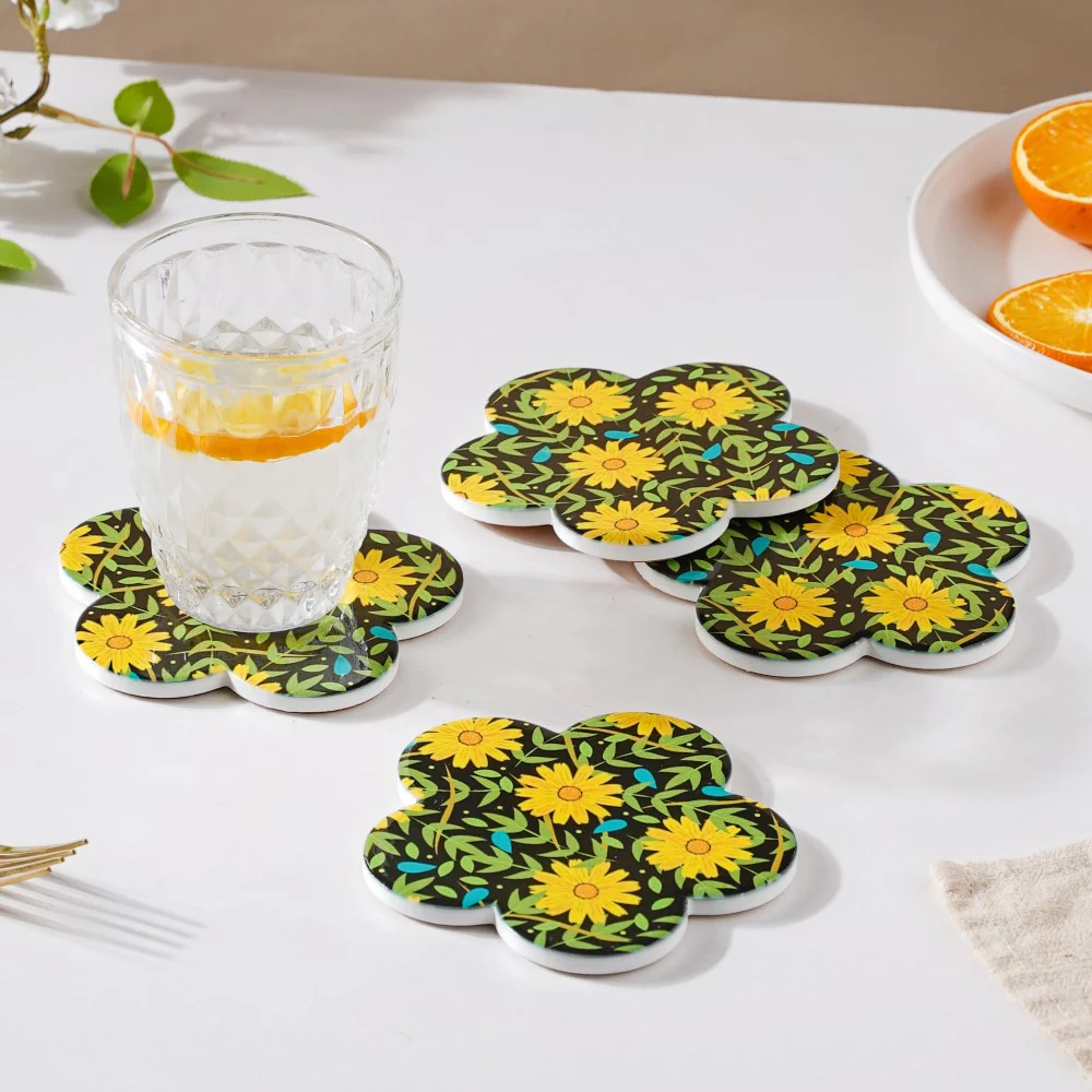 Yellow Daffodil Ceramic Glossy Coaster Set Of 4