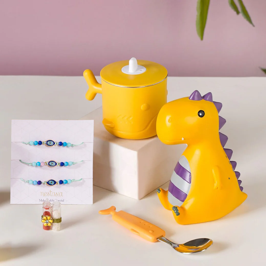 Yellow Dino Rakhi Hamper For Kids Set Of 6 - Image 2