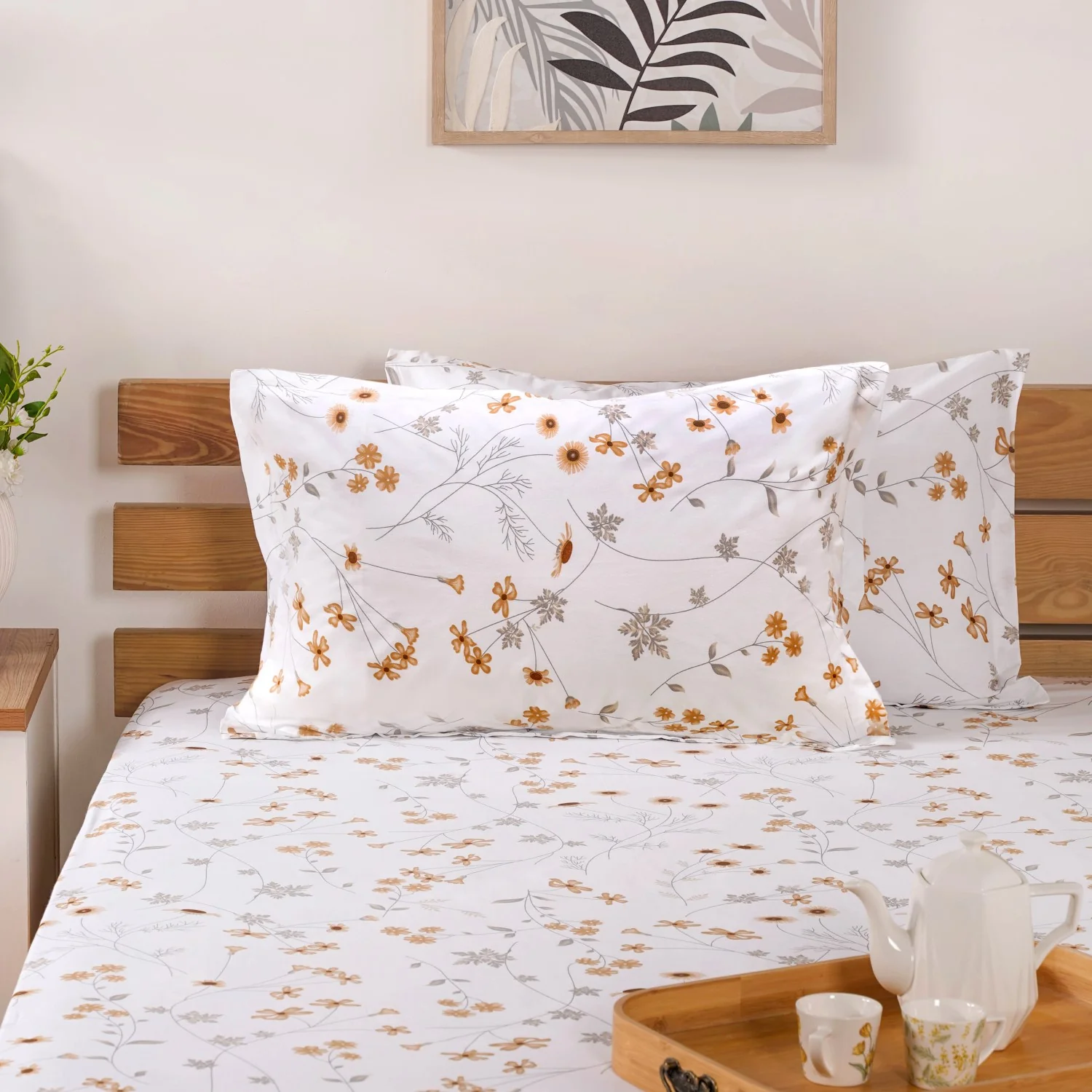 Yellow Floral Printed 180 TC Pure Cotton Bedding Set For King Size Bed 275x275 cm - Image 2