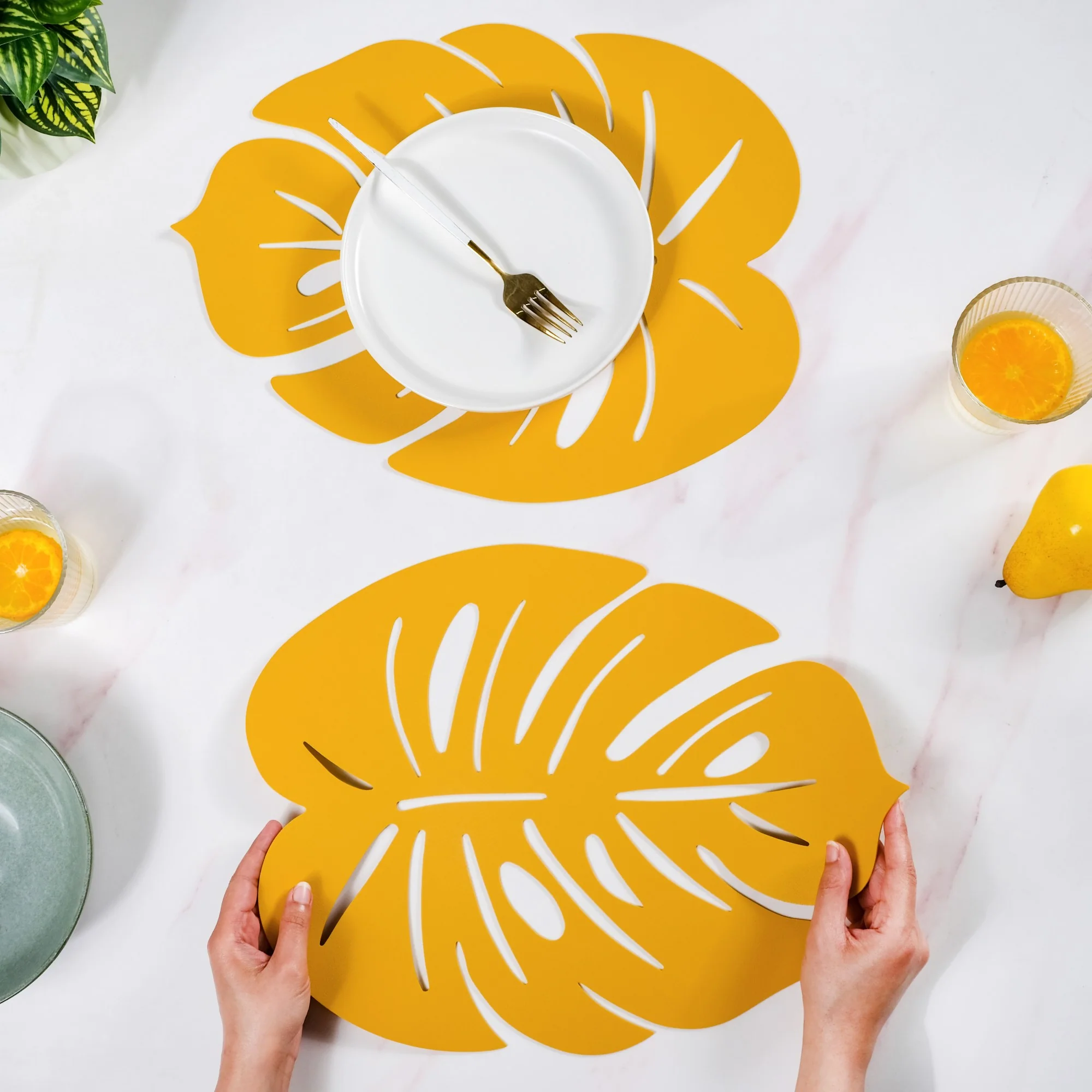 Yellow Laser Cut Monstera Leaf Table Mat Set Of 6 - Image 2
