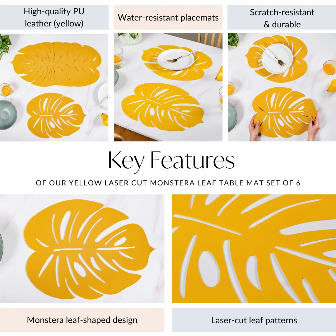 Yellow Laser Cut Monstera Leaf Table Mat Set Of 6 - Image 4