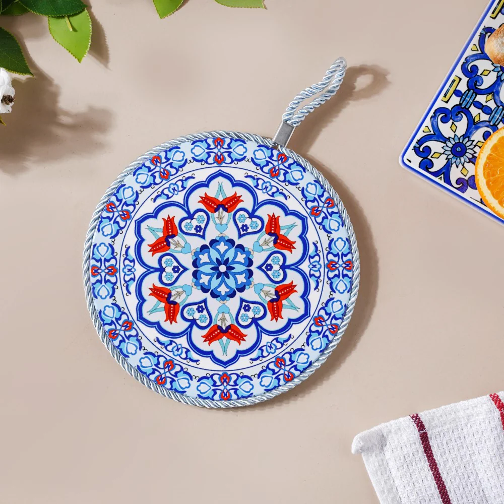 Zellij Art Round Ceramic Trivet With Rope Yellow And Blue 6 Inch - Image 4